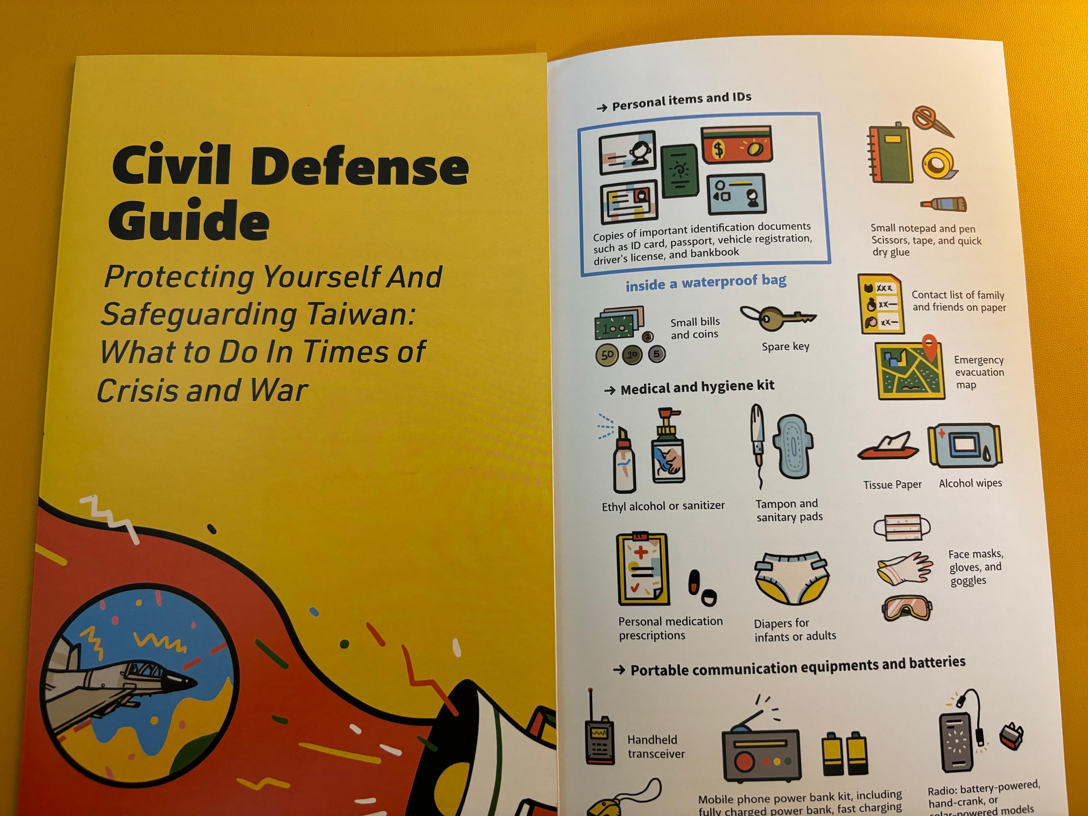 Civil-defence guide lists important documents, IDs, medical hygiene kits and portable batteries to be kept handy in the event of an attack on Taiwan