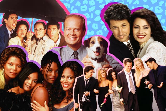 Clockwise from centre: Kelsey Grammer and Moose the dog in Frasier; Charles Shaughnessy and Fran Drescher in The Nanny; the cast of Friends; Queen Latifah, Kim Fields, Erika Alexander and Kim Coles in Living Single (l-to-r); the cast of Seinfeld