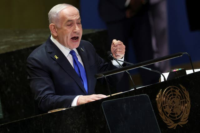 <p>Benjamin Netanyahu delivers his bellicose speech at the UN last week </p>