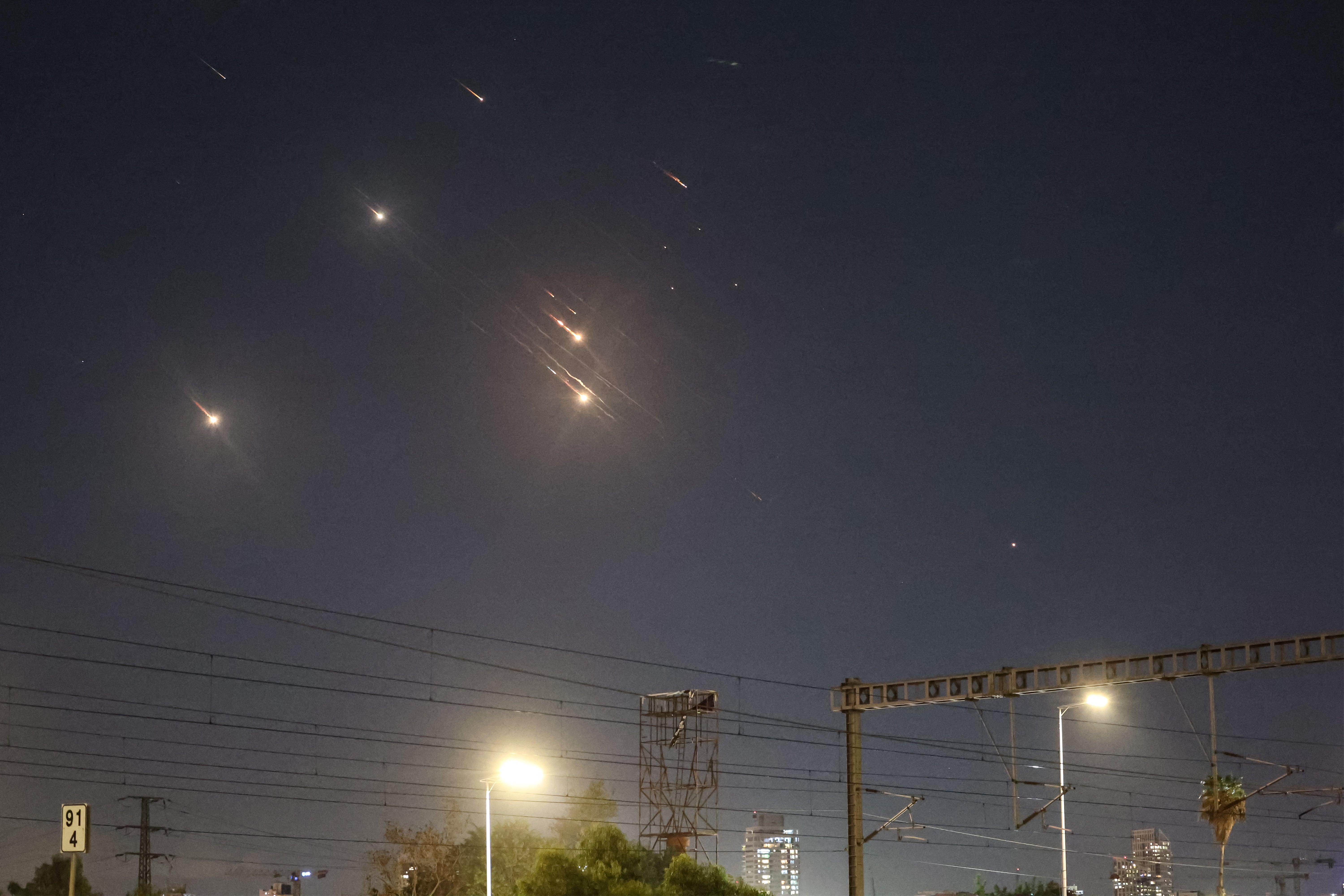 This picture shows projectiles being intercepted by Israel above Tel Aviv