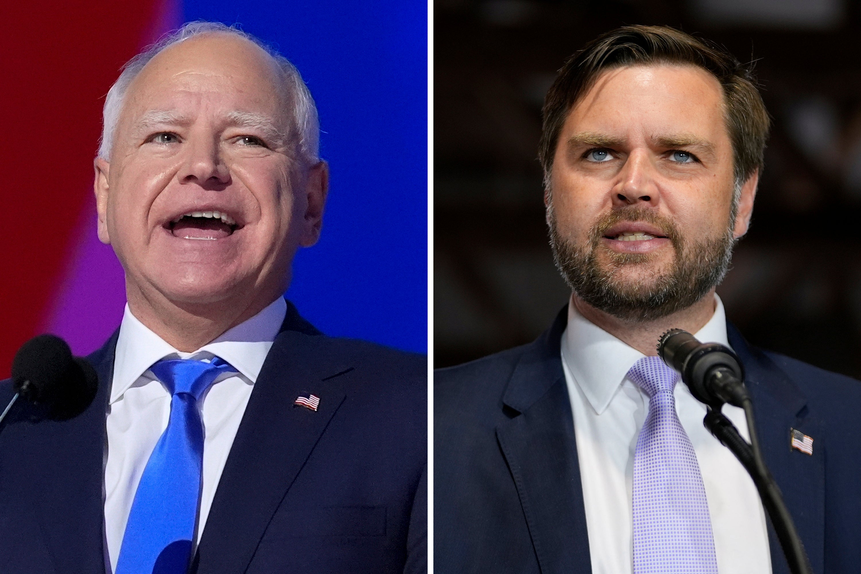 Tim Walz, left, and JD Vance, right, will debate onstage Tuesday night in New York City.