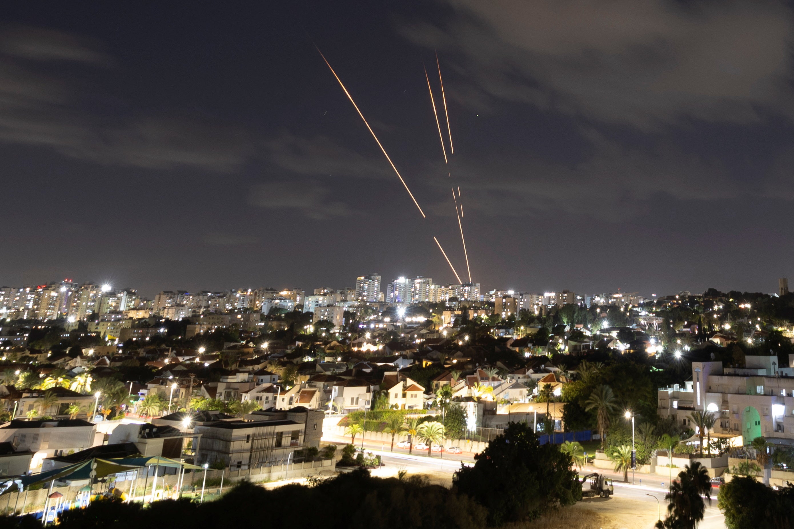 Israel's Iron Dome anti-missile system intercepts rockets, as seen from Ashkelon, Israel