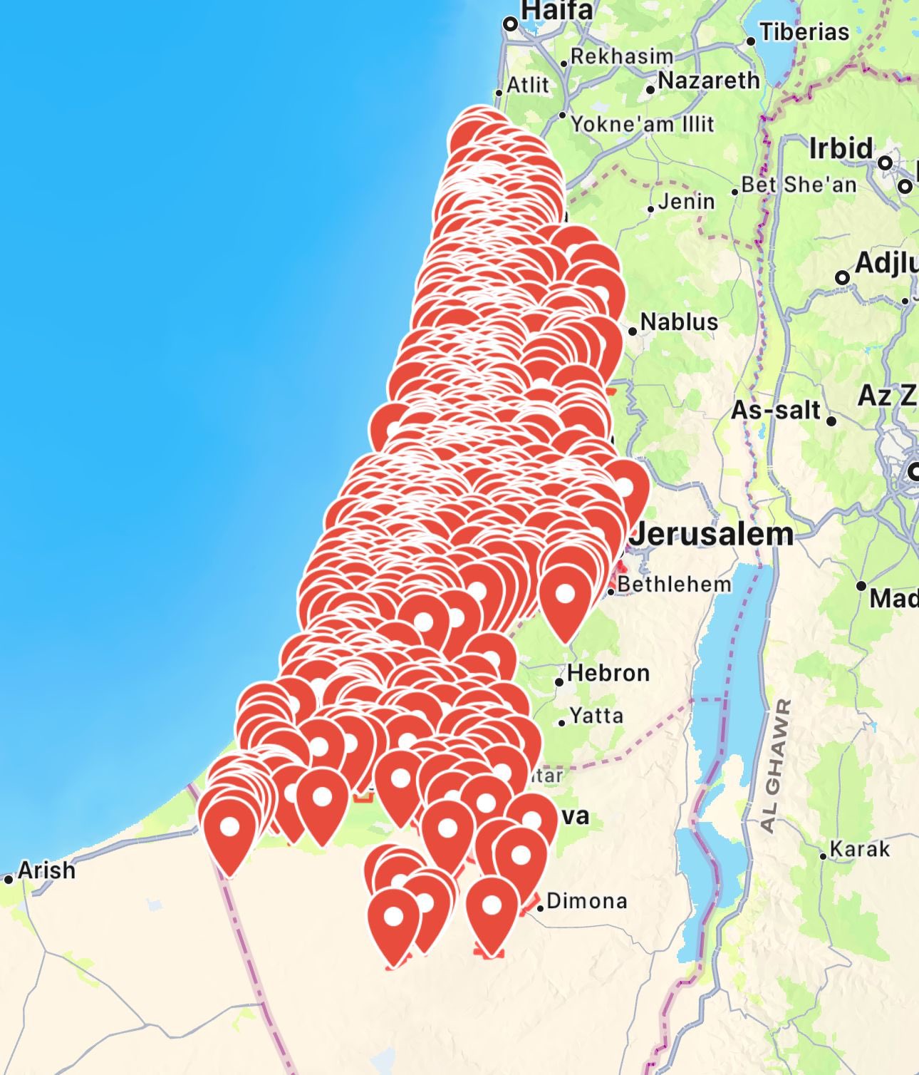 Locations of the air raid alerts issued across Israel