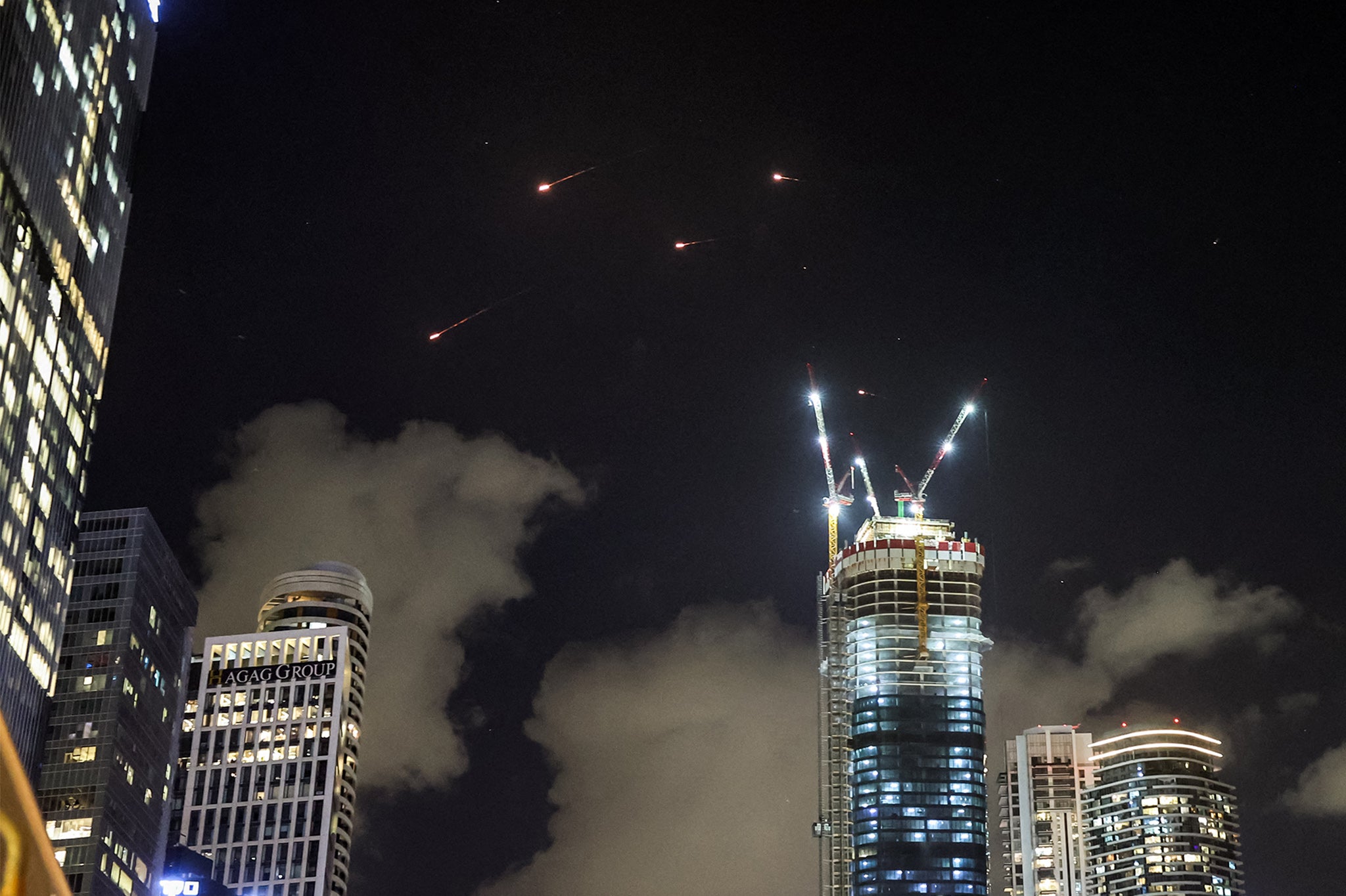 This picture shows projectiles being intercepted by Israel above Tel Aviv