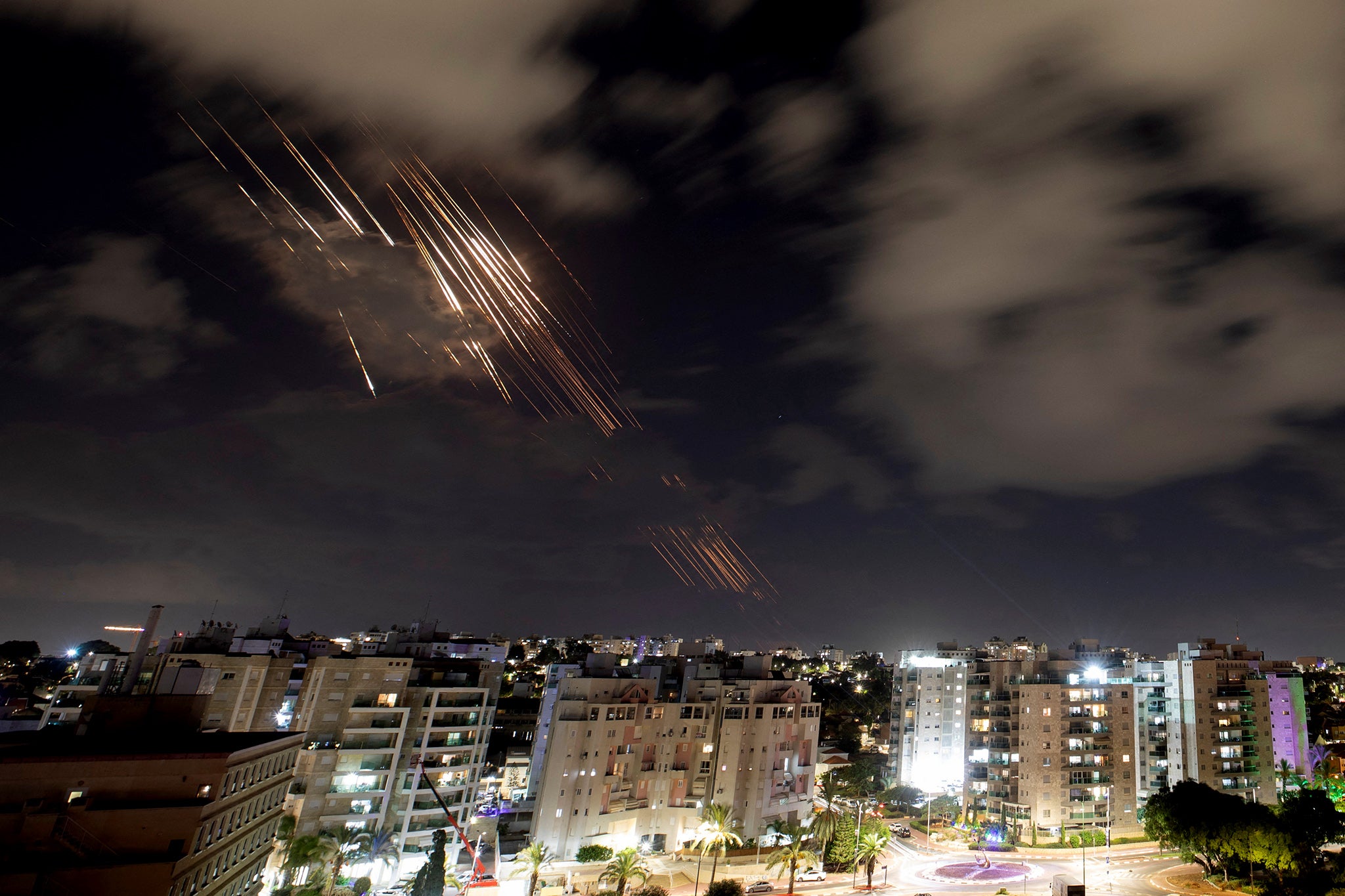 Israel’s Iron Dome anti-missile system intercepts rockets, as seen from Ashkelon on Tuesday