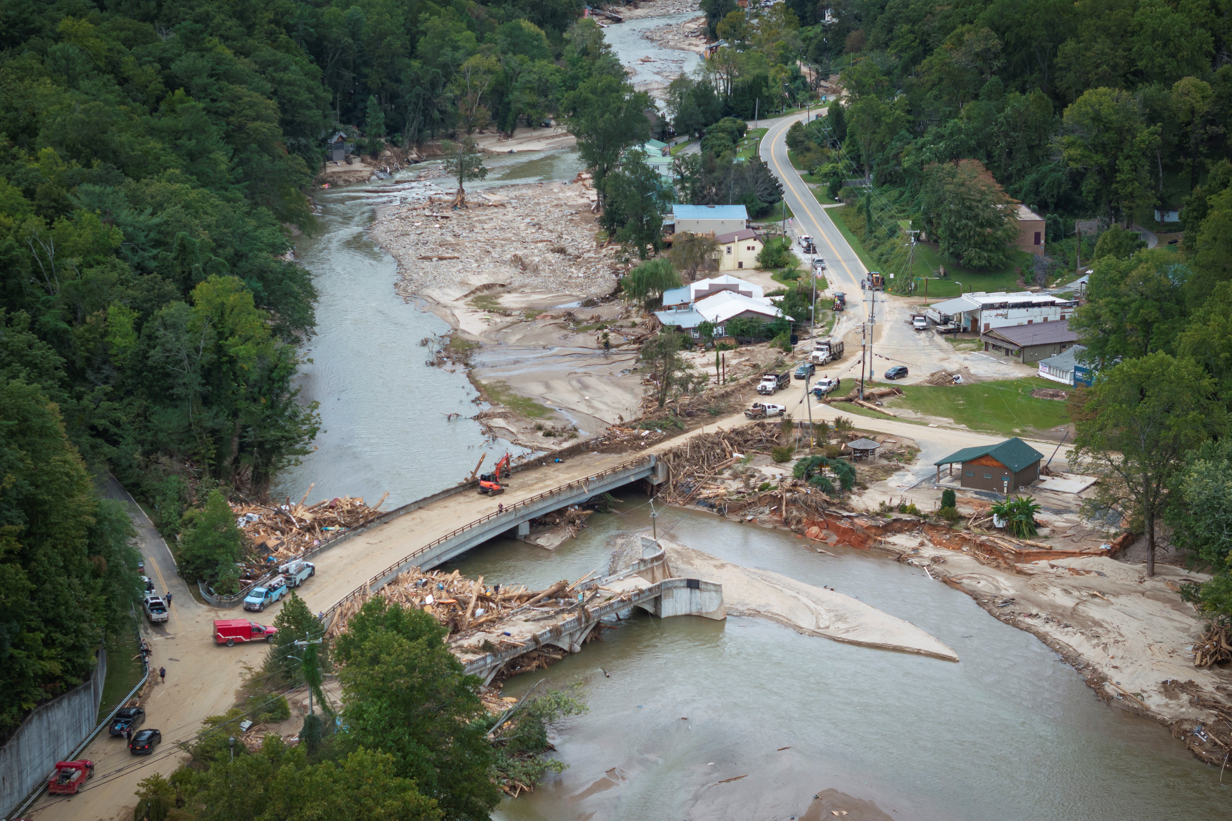 A drone view shows a damaged area following the passing of Hurricane Helene, in Lake Lure, North Carolina, US, on 1 October 2024