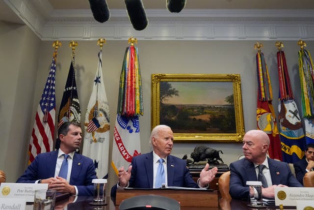 <p>President Joe Biden speaks during a briefing on the government's response to Hurricane Helene in the Roosevelt Room of the White House in Washington, Tuesday, Oct. 1, 2024, as Secretary of Transportation Pete Buttigieg, left, and Secretary of Homeland Security Alejandro Mayorkas, right, look on. (AP Photo/Mark Schiefelbein)</p>