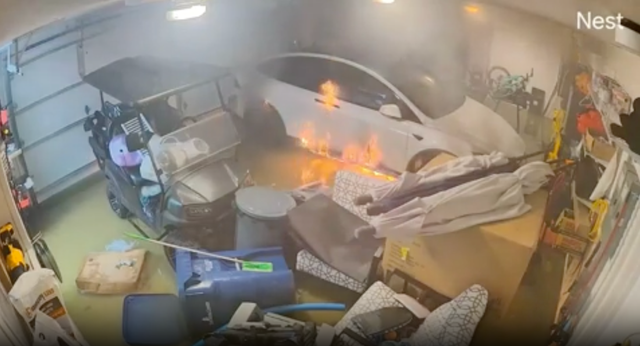 <p>A Tesla bursts into flames in a Florida garage after being in submerged from Hurricane Helene flooding.  Keeping vehicles out of the water is the best way to avoid the possbility of a fire. </p>