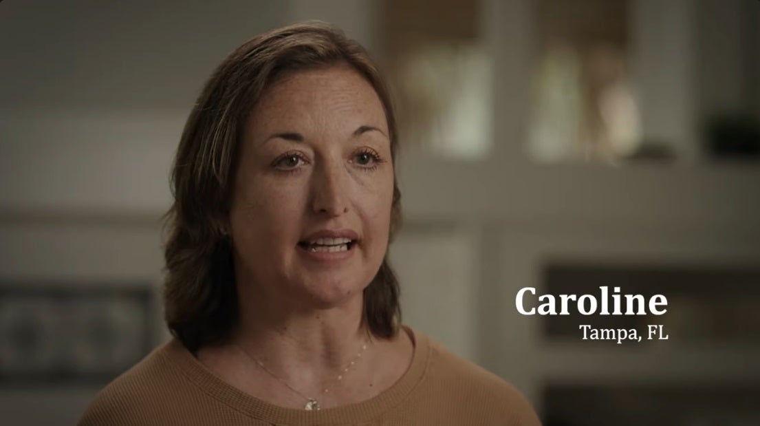 A woman, identified as Caroline, describes how she needed to have an abortion and lifesaving-cancer treatments after a brain tumor diagnosis in 2022 in a new abortion rights ad in Florida