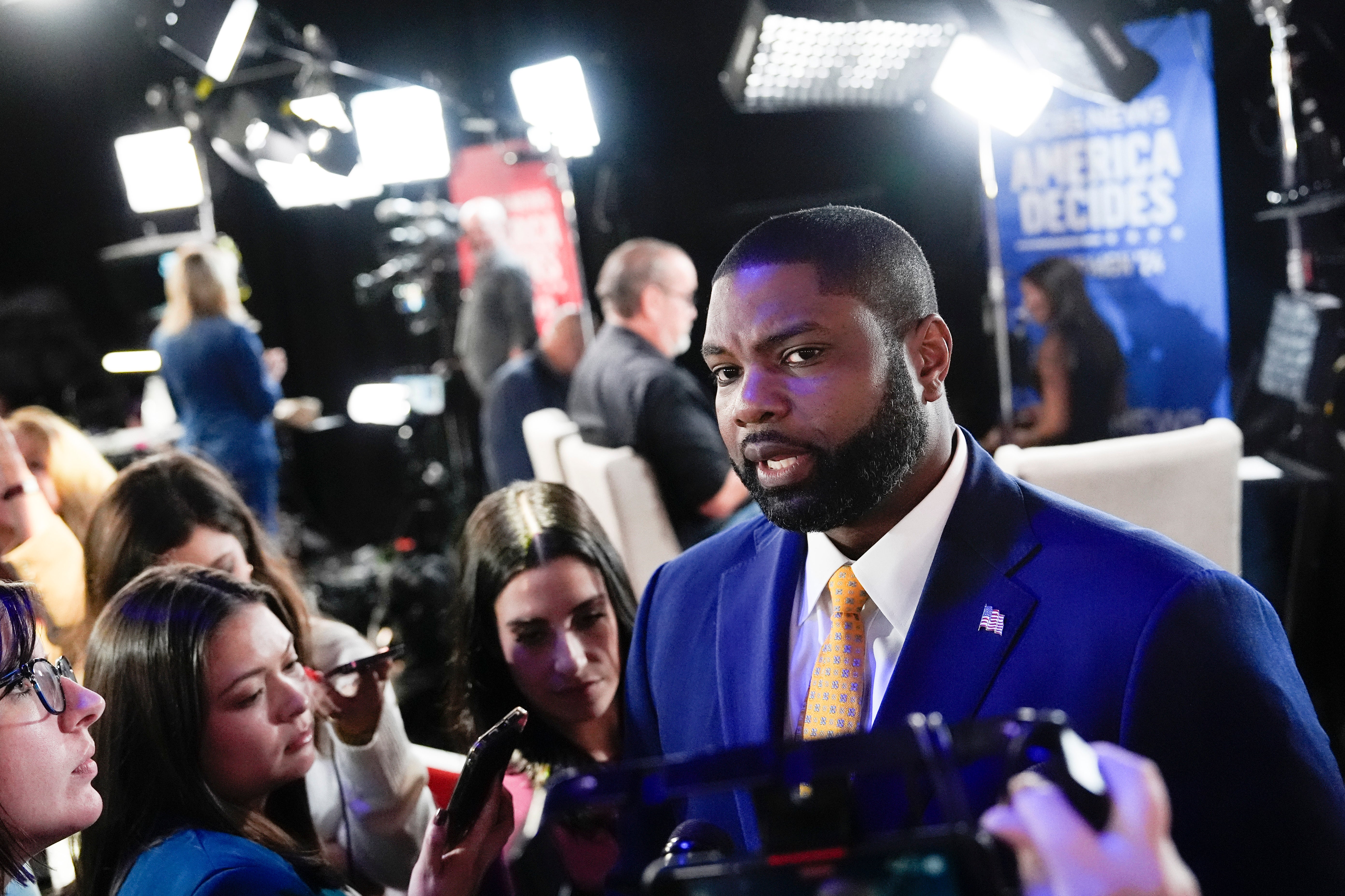 Rep. Byron Donalds, R-Fla., speaks to the media in the spin room before the start of the vice presidential debate