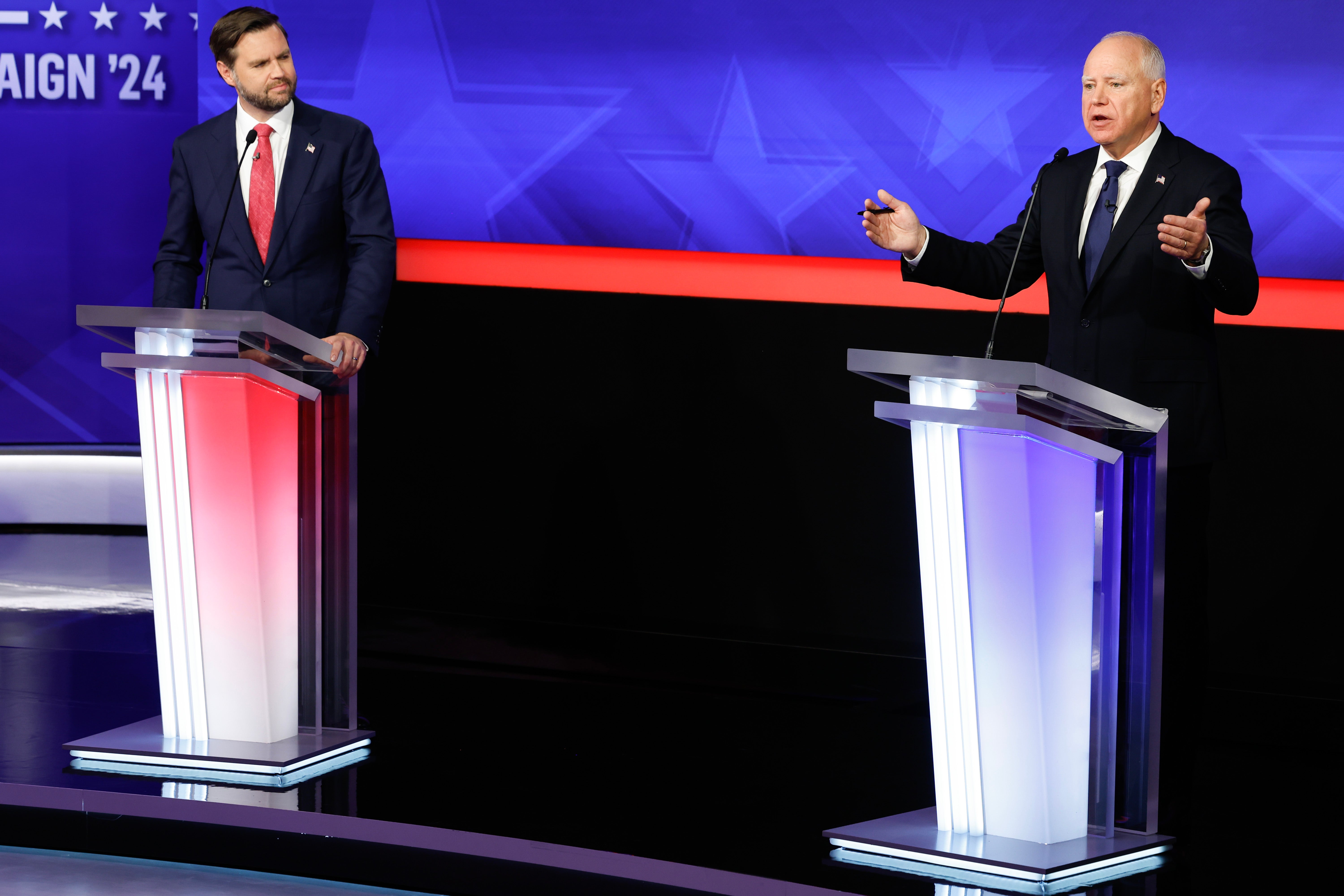 Vice presidential debate moderators hammered Minnesota governor Tim Walz (right) over making false claims he was in Hong Kong during the 1989 Tiananmen Square massacre in China. Walz is pictured on stage alongside Republican candidate JD Vance