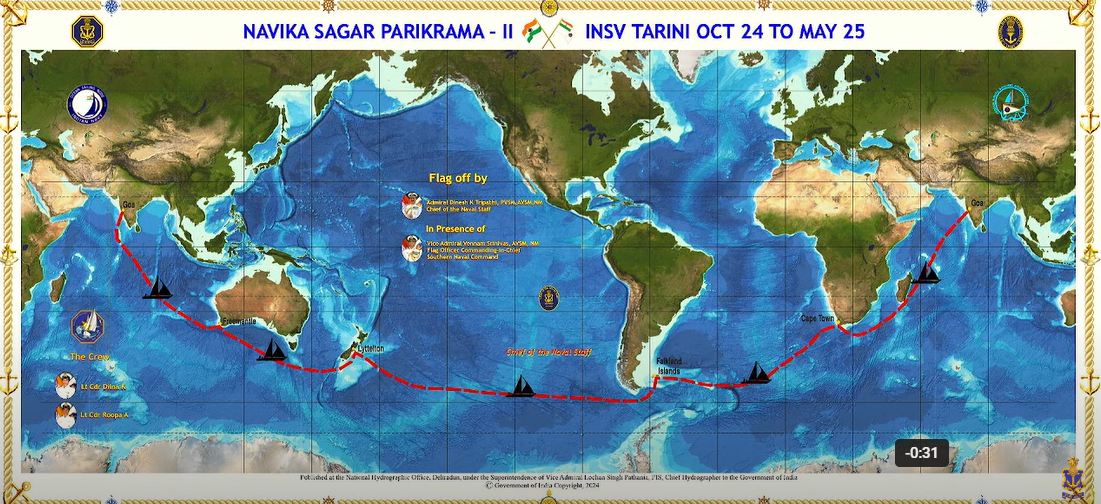 Circumnavigation route to be followed by Lt Cdrs Roopa A and Dilna K