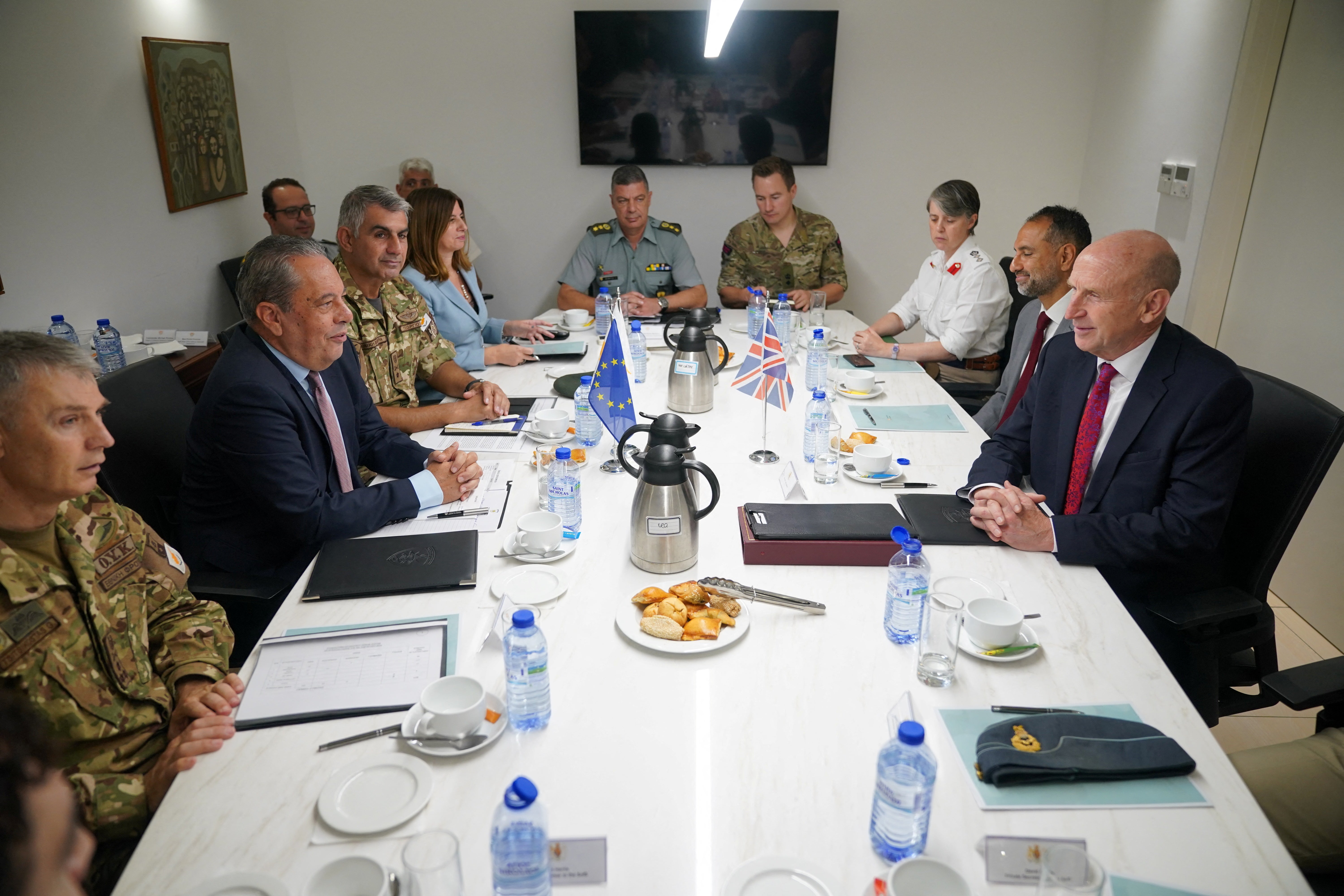 British Defence Secretary John Healey with Minister of Defence for Cyprus, Vasilis Palmas, ahead of a bilateral meeting at the Ministry of Defence in Nicosia