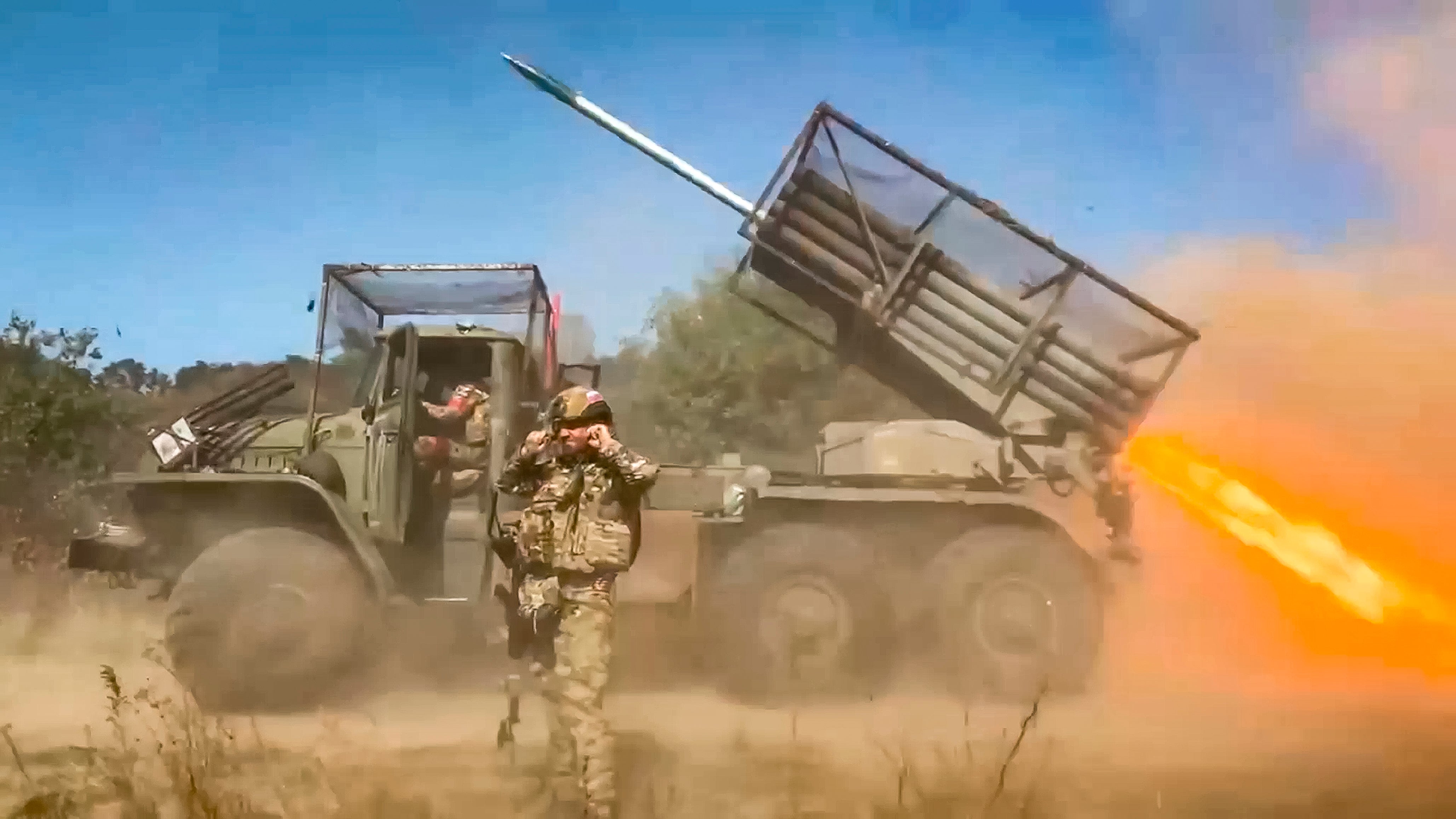 Russian Grad self-propelled multiple rocket launcher fires on an undisclosed location in Ukraine