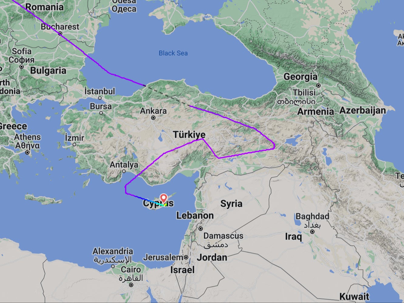 Mystery tour: Flight path of British Airways BA107 from London Heathrow to Dubai, which diverted to Larnaca in Cyprus