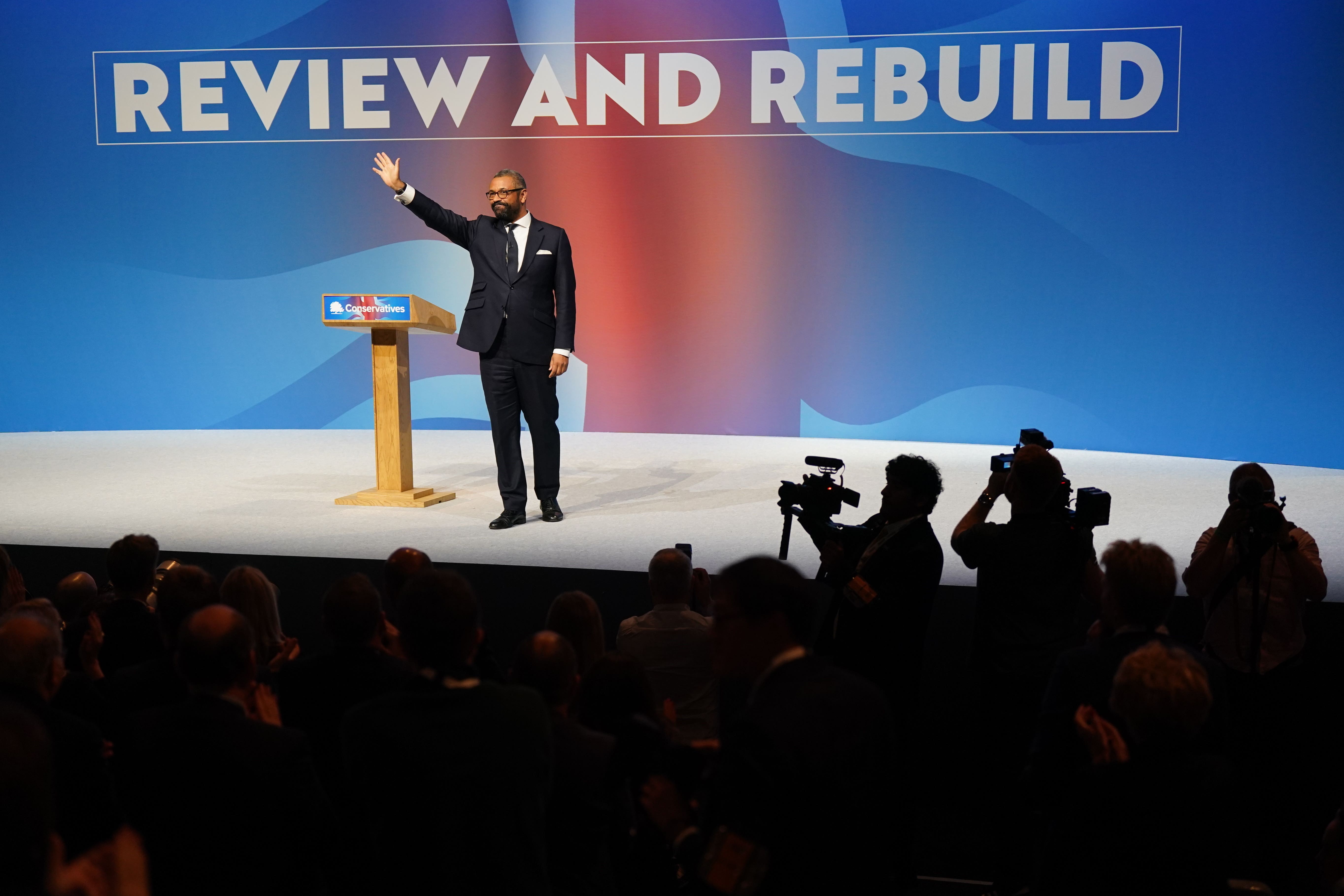 James Cleverly speaks to delegates (Jacob King/PA)