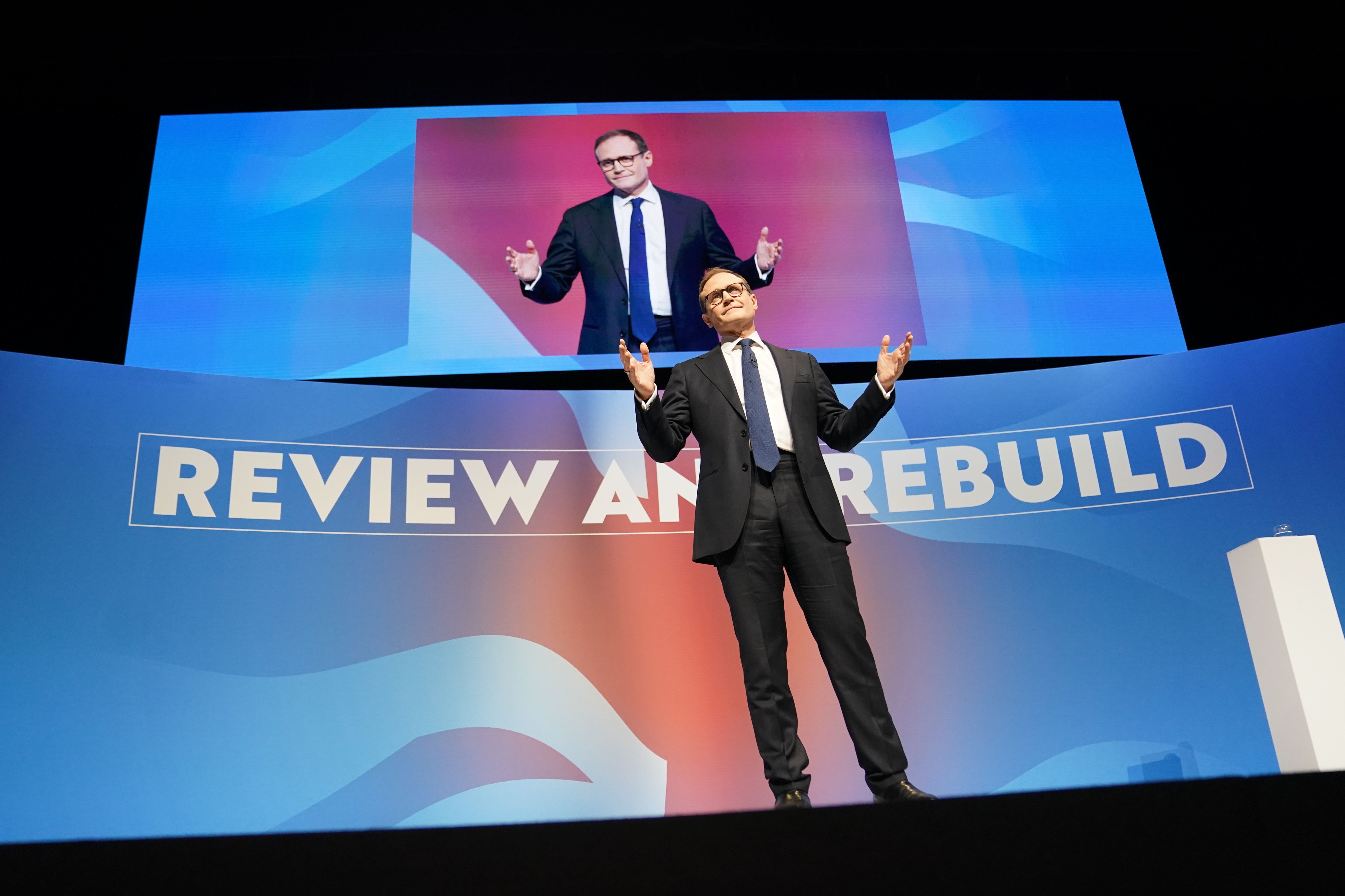 Conservative leadership candidate Tom Tugendhat delivers a speech during the party Conference (PA)