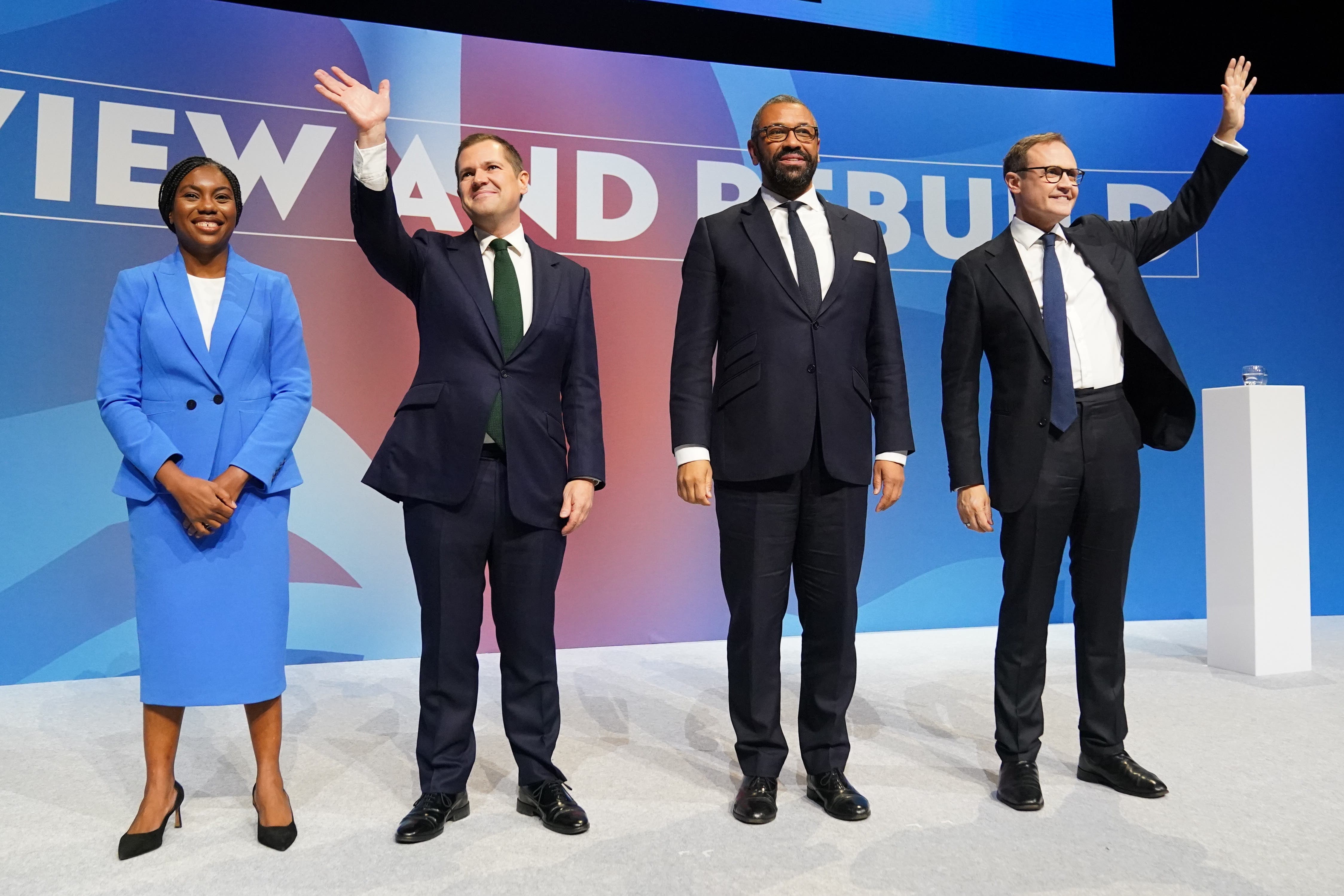 Tory leadership candidates Kemi Badenoch, Robert Jenrick, James Cleverly and Tom Tugendhat after delivering their speeches (Stefan Rousseau/PA)