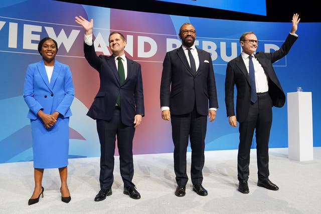 Tory leadership candidates Kemi Badenoch, Robert Jenrick, James Cleverly and Tom Tugendhat after delivering their speeches (Stefan Rousseau/PA)