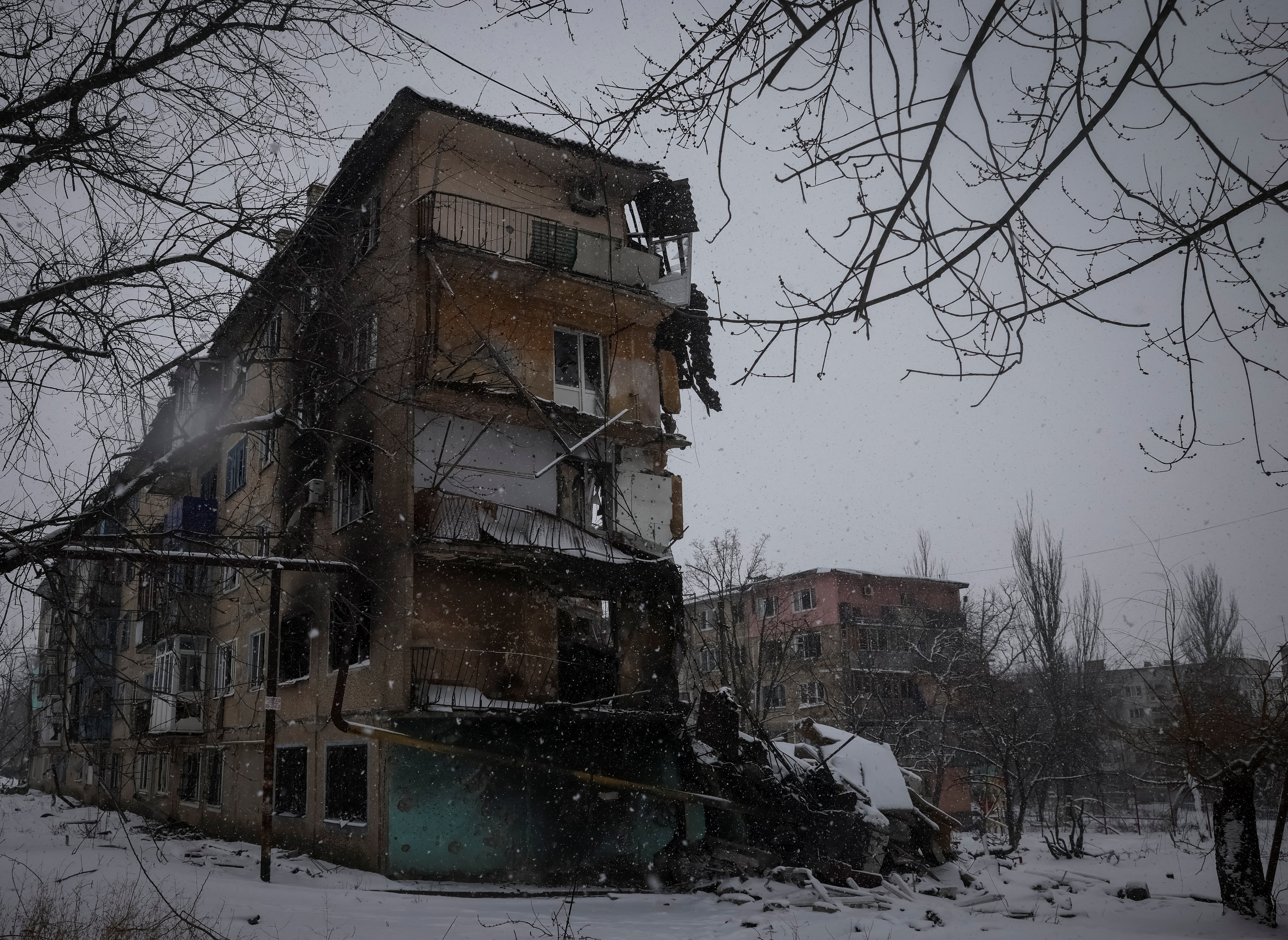 A destroyed block of flats in Vuhledar