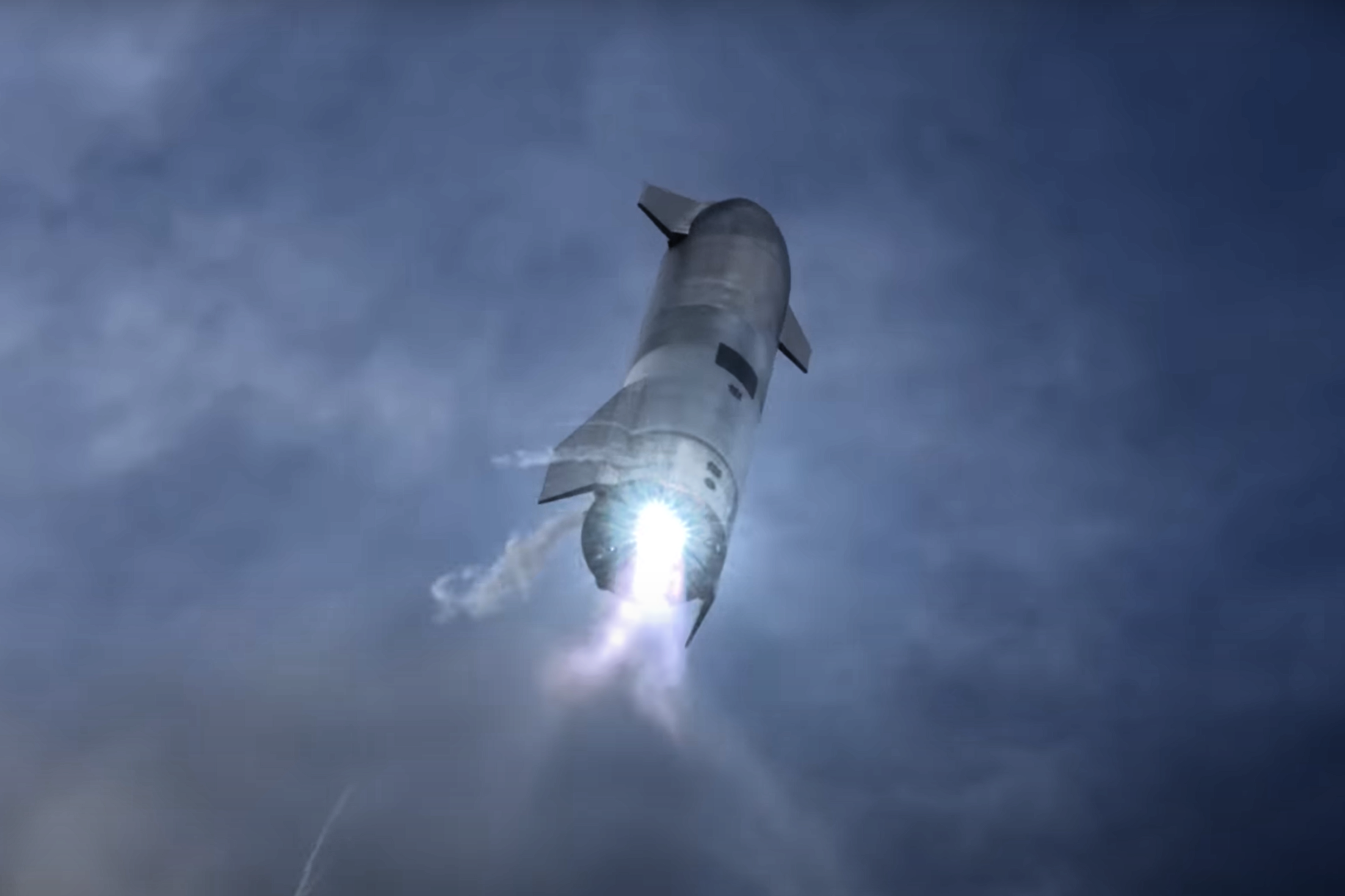 A screenshot from a Starship rocket test on 3 March, 2021, in Boca Chica, Texas. The next-generation rocket is currently grounded until November 2024 while it awaits regulatory approval