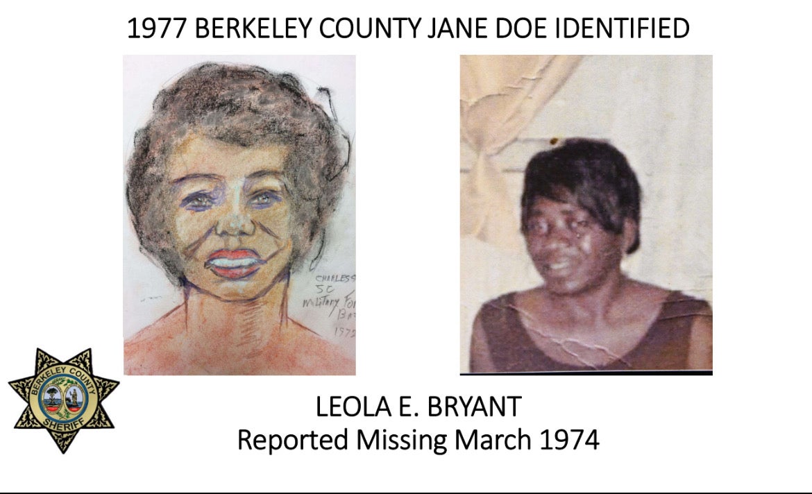 The Berkley County Jane Doe found in 1977 is Leola Etta Bryant, a 51-year-old woman who vanished in March 1974