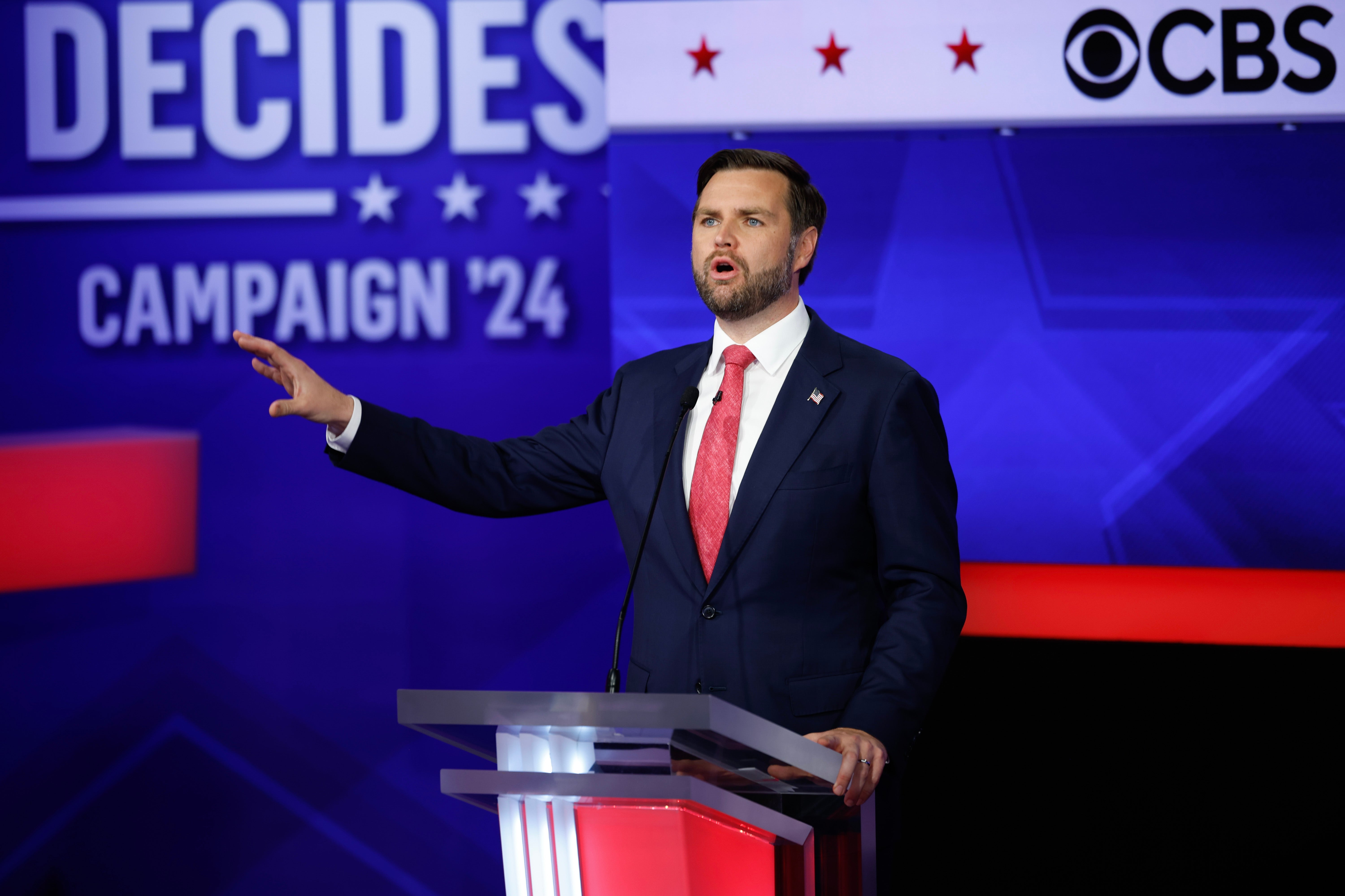 Republican vice presidential candidate Sen. JD Vance (R-OH) participates in a debate at the CBS Broadcast Center on October 1, 2024 in New York City. This is expected to be the only vice presidential debate of the 2024 general election. (Photo by Chip Somodevilla/Getty Images)