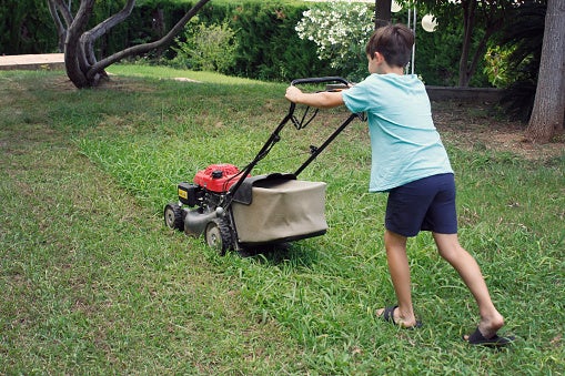 The boy explained that he mows all of the neighbors’ lawns for $5