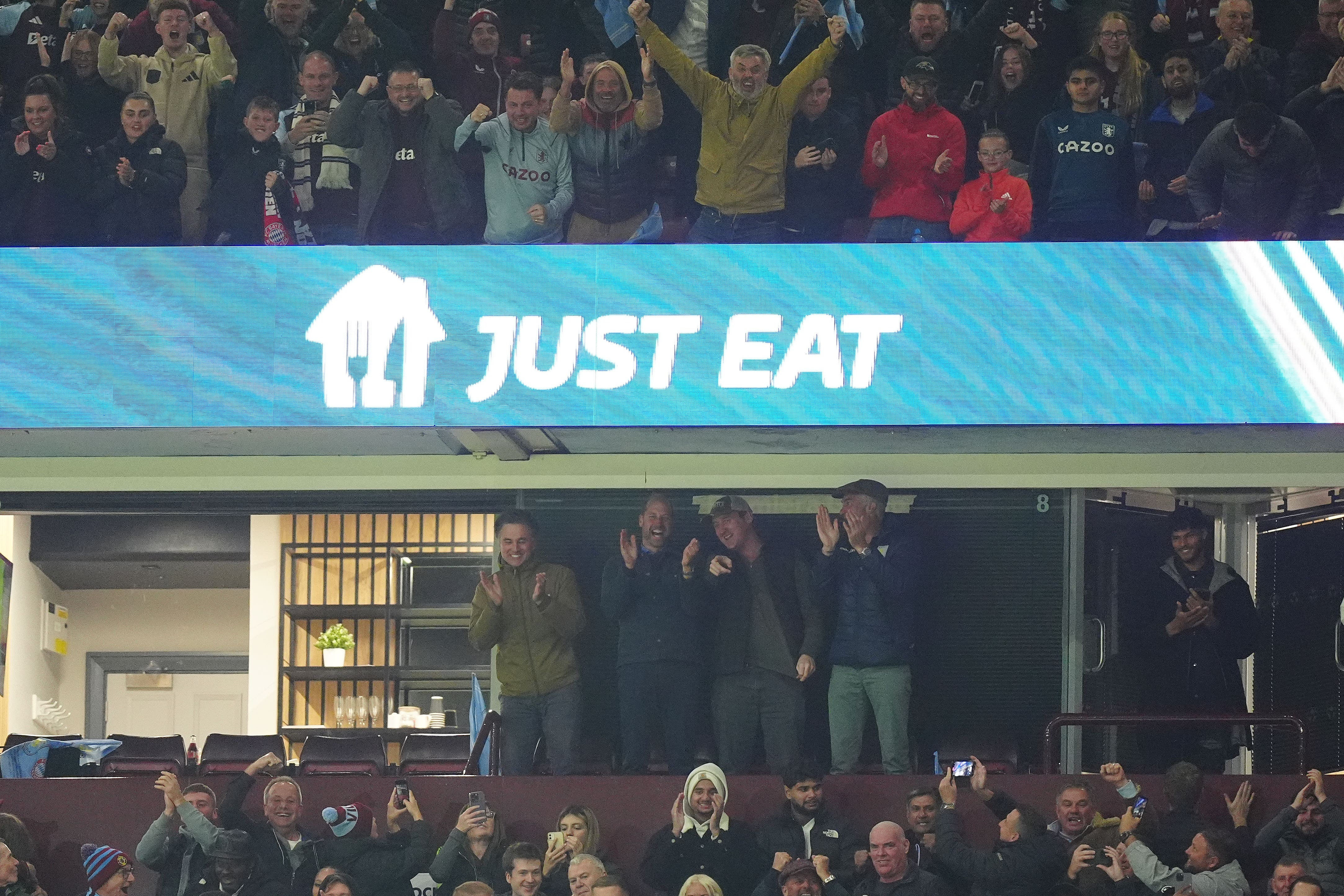 The Prince of Wales (centre left) celebrates in the stands after Aston Villa’s Jhon Duran scores the only goal of the game (Mike Egerton / PA)