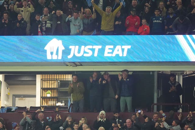 The Prince of Wales (centre left) celebrates in the stands after Aston Villa’s Jhon Duran scores (Mike Egerton/PA)