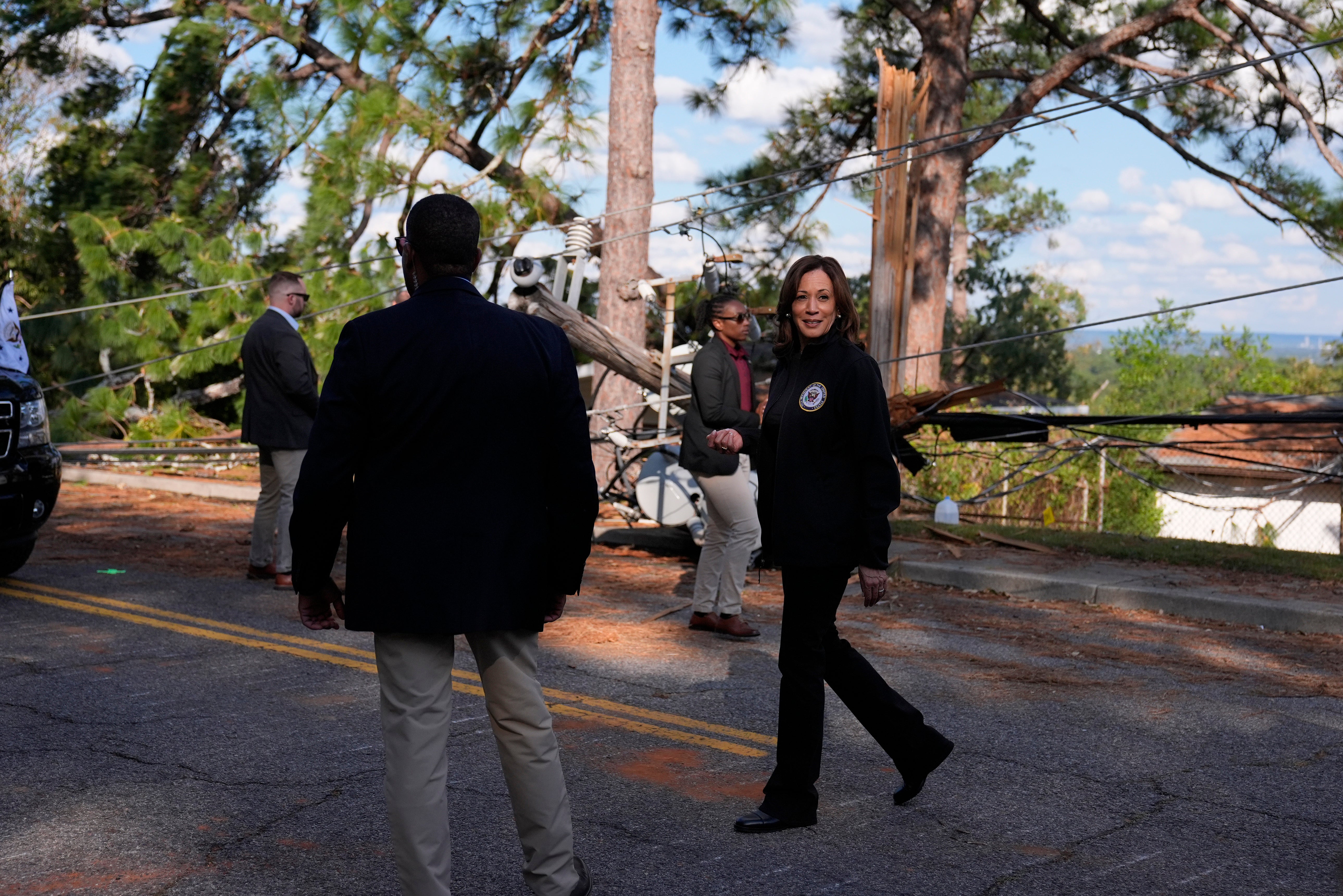 Kamala Harris visits areas affected by Hurricane Helen on October 2 in Augusta, Georgia.