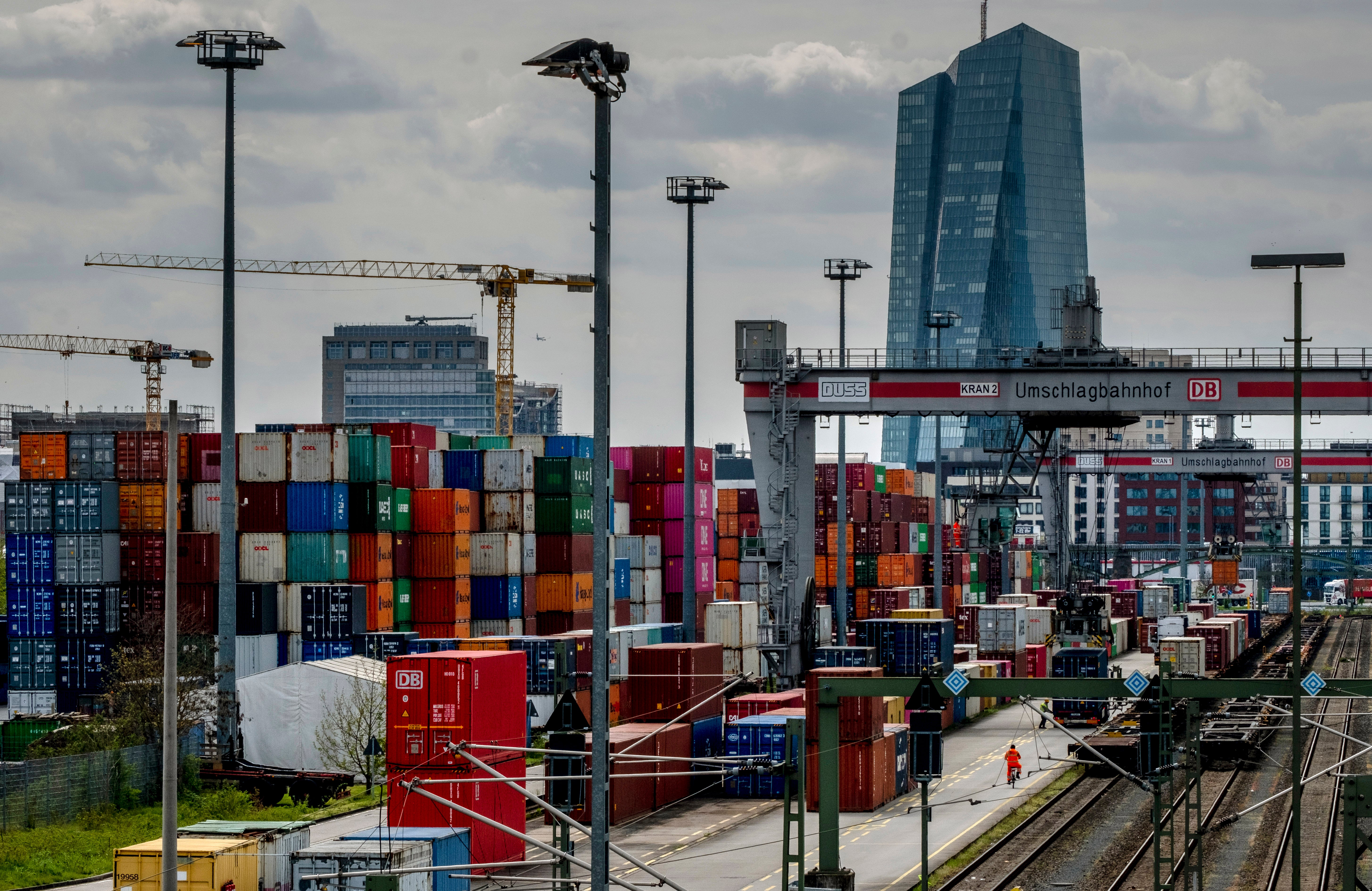 Containers are piled up at a cargo terminal of Deutsche Bahn in Frankfurt, Germany,