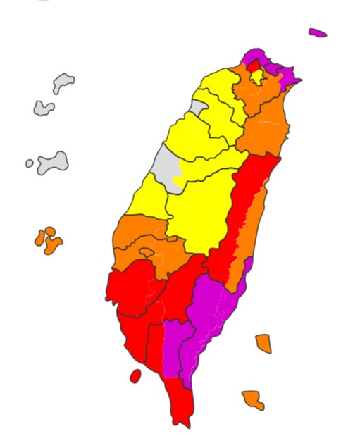 Map shows the intensity of rainfall across Taiwan, with areas in purple to experience extremely torrential rain, red for torrential rain, orange extremely heavy rain, and yellow heavy rain