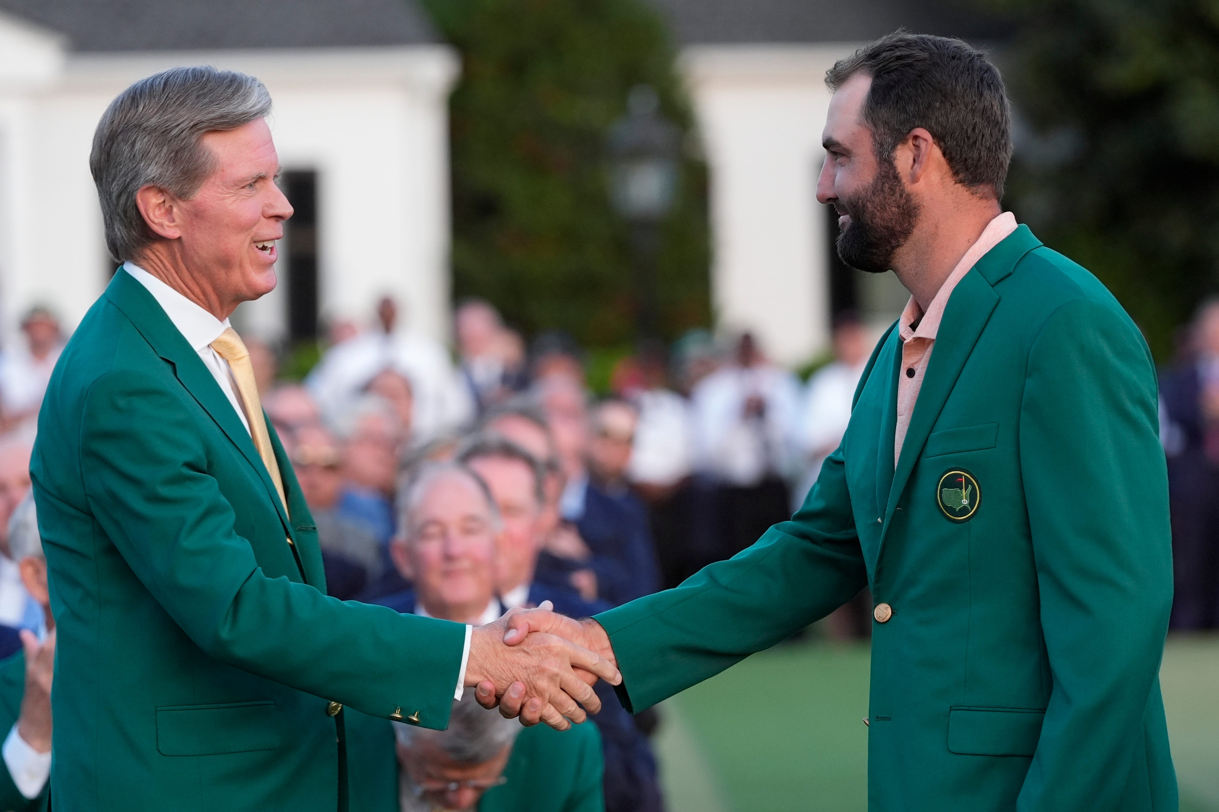 Augusta National chairman Fred Ridley congratulates 2024 Masters winner Scottie Scheffler