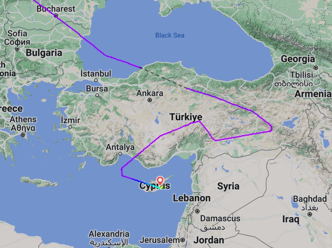 Aircraft manouevres in the dark: the flightpath of British Airways flight BA107 from London Heathrow to Dubai on 1 October