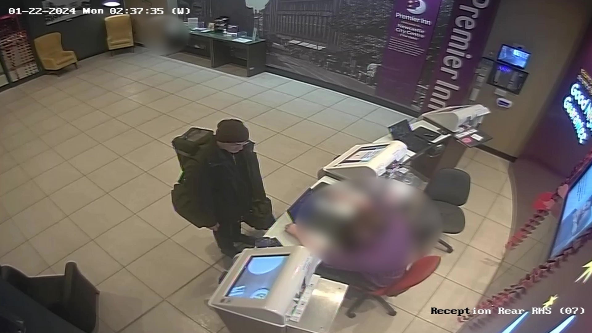 Screengrab taken from a video dated 22 January 2024 issued by Northumbria Police showing GP Thomas Kwan arriving at a Premier Inn on Newgate Street in Newcastle city centre