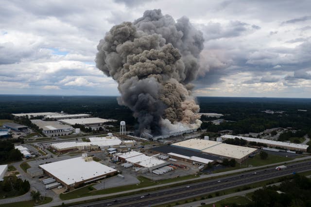 <p>Smoke billows from a fire at the BioLab facility on Sunday in Conyers, Georgia. Atlanta residents were told to shelter inside as a smoke cloud containing chlorine covers city in haze on Thursday </p>