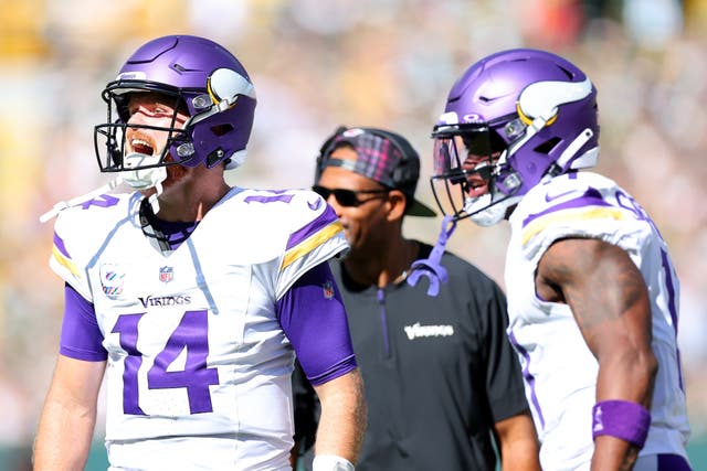 <p>Sam Darnold #14 of the Minnesota Vikings reacts after a touchdown</p>