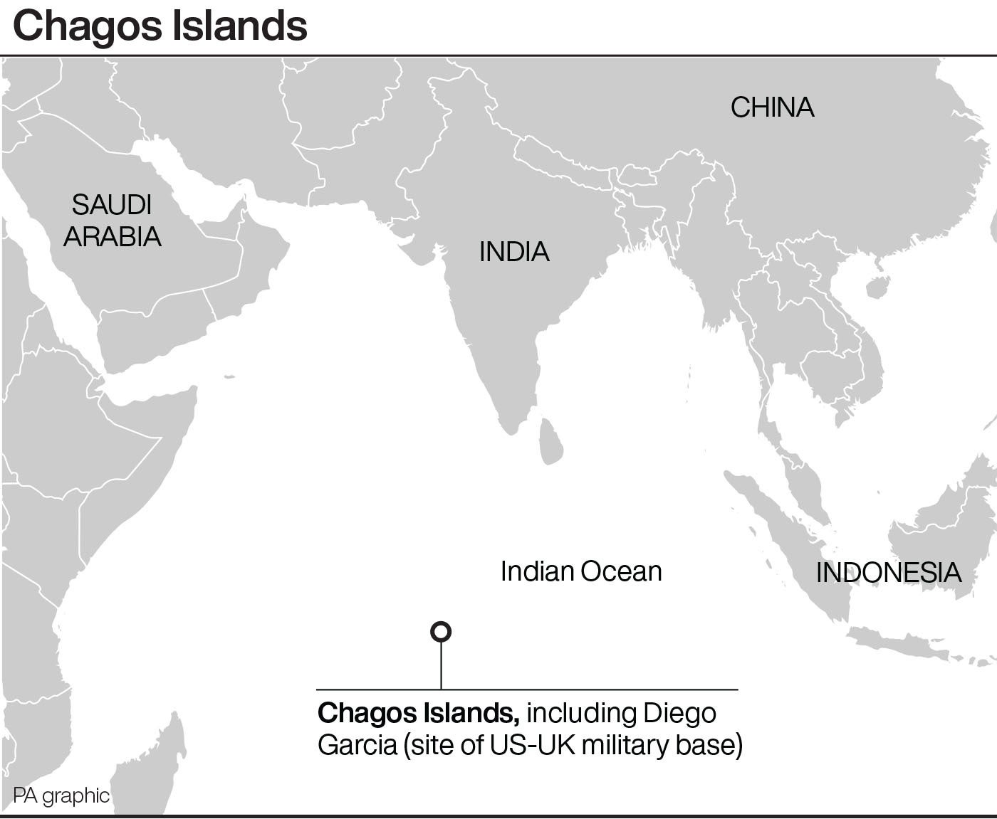 Um mapa das Ilhas Chagos e países vizinhos