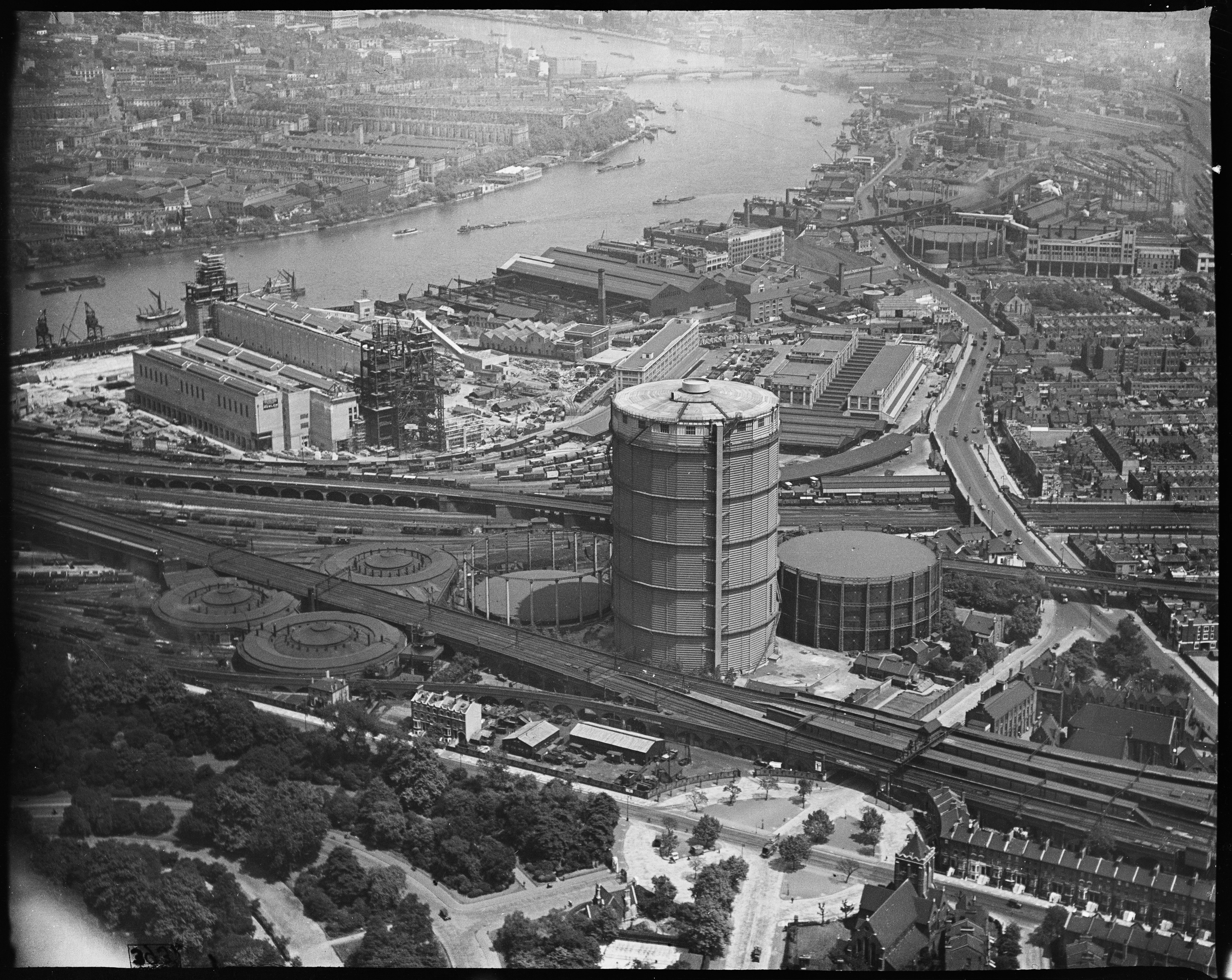 Battersea Power Station under construction and the Gas Holder Station, Wandsworth, Greater London,