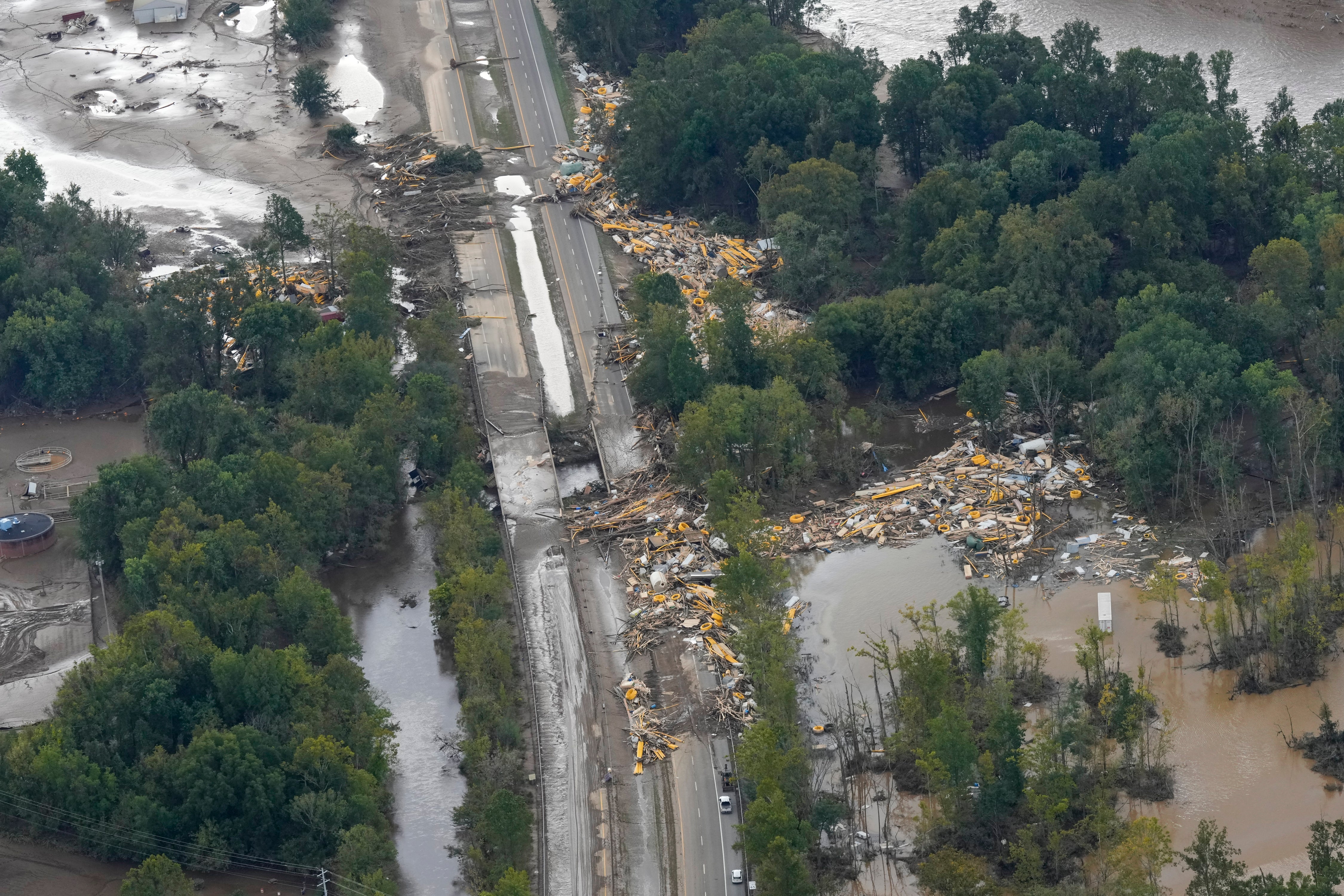 An aerial view captures the flood damage in Erwin, Tennessee, on Saturday.