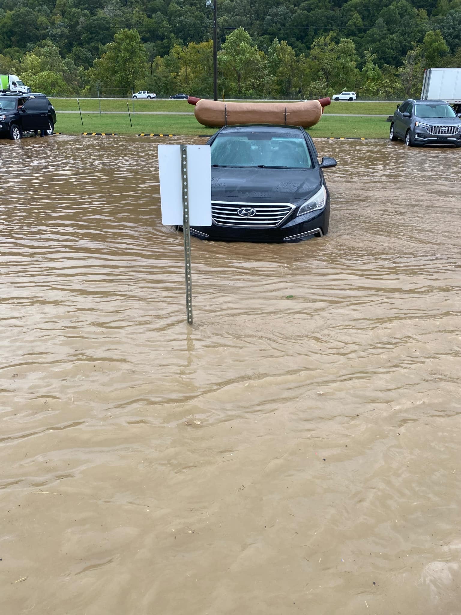 A Hyundai sits, surrounded by murky floodwaters, in the Erwin, Tennessee, Impact Plastics parking lot last Friday.