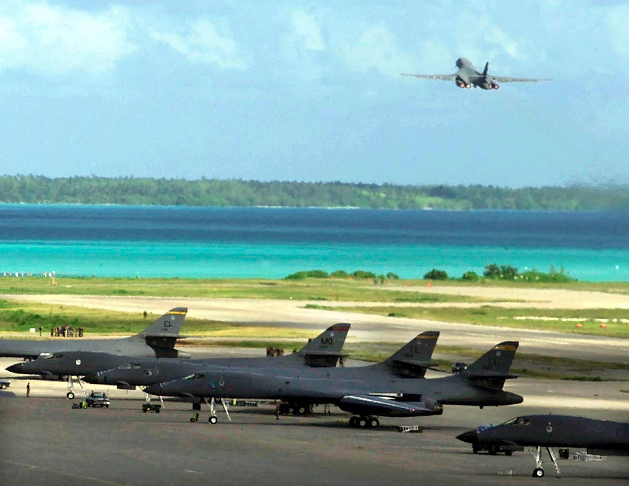 A US Air Force B-1B bomber takes off from the Diego Garcia military base