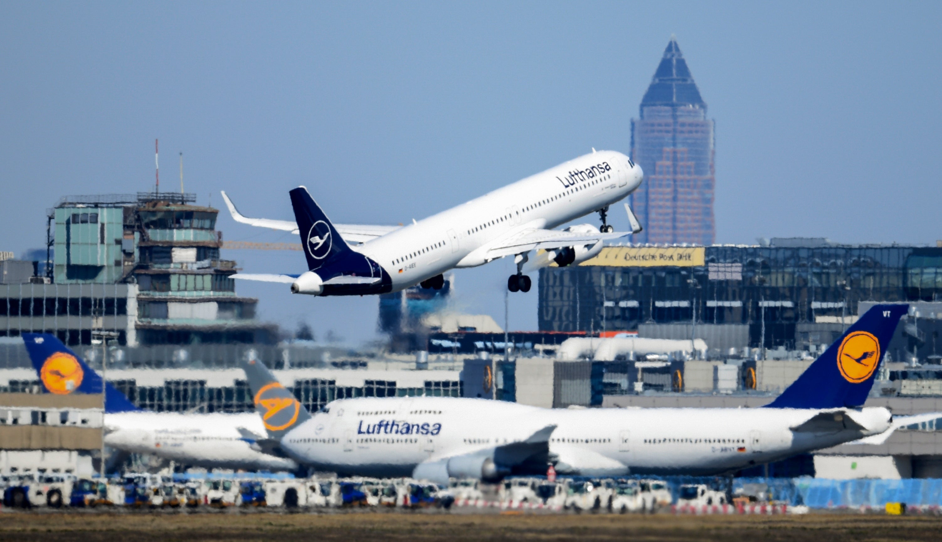 A Lufthansa Airbus takes off at Frankfurt Airport