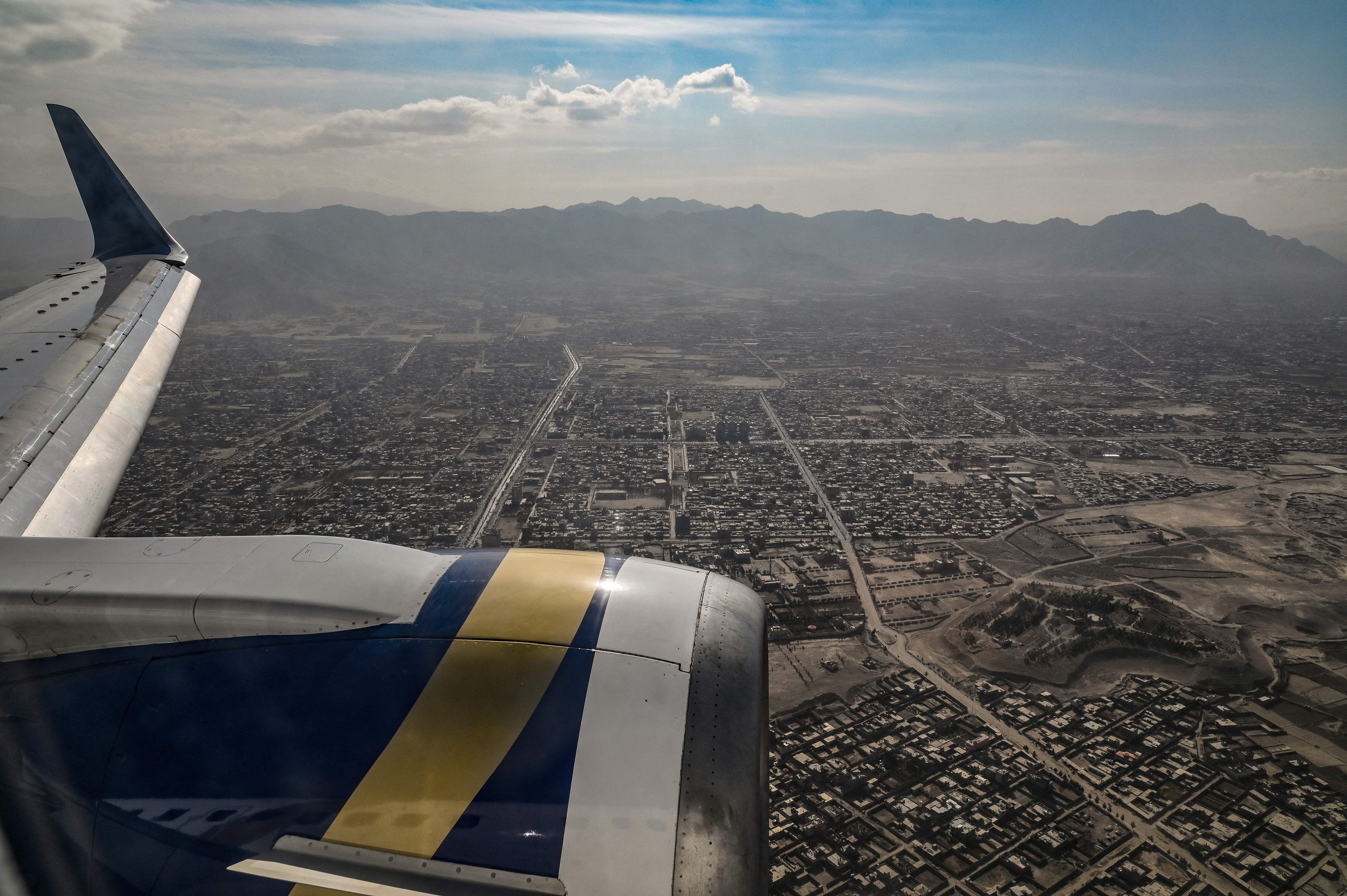 Overview of the Kabul city and neighbouring areas captured from inside a commercial plane flying over Kabul city