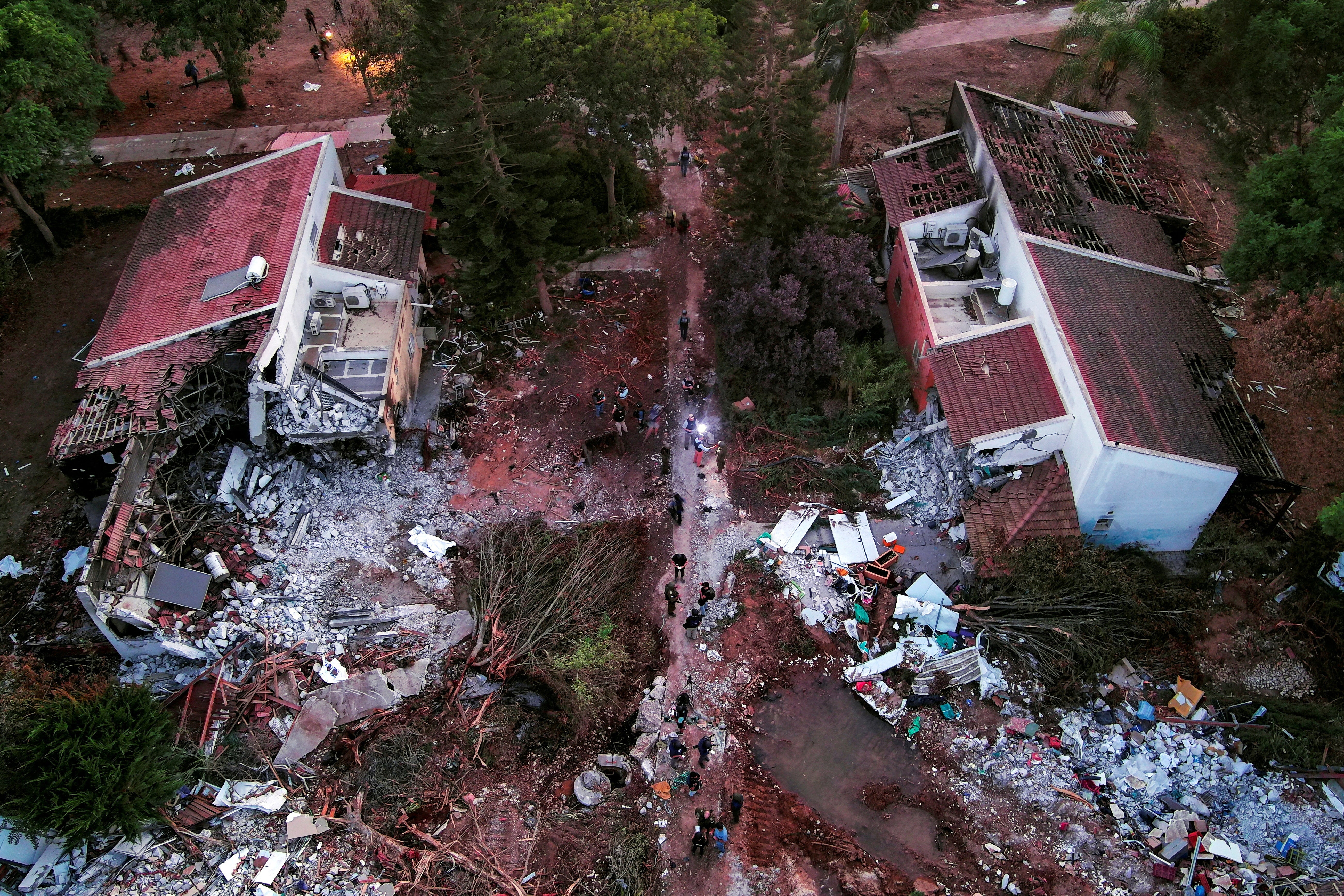 Destroyed buildings in Kibbutz Be’eri, in southern Israel