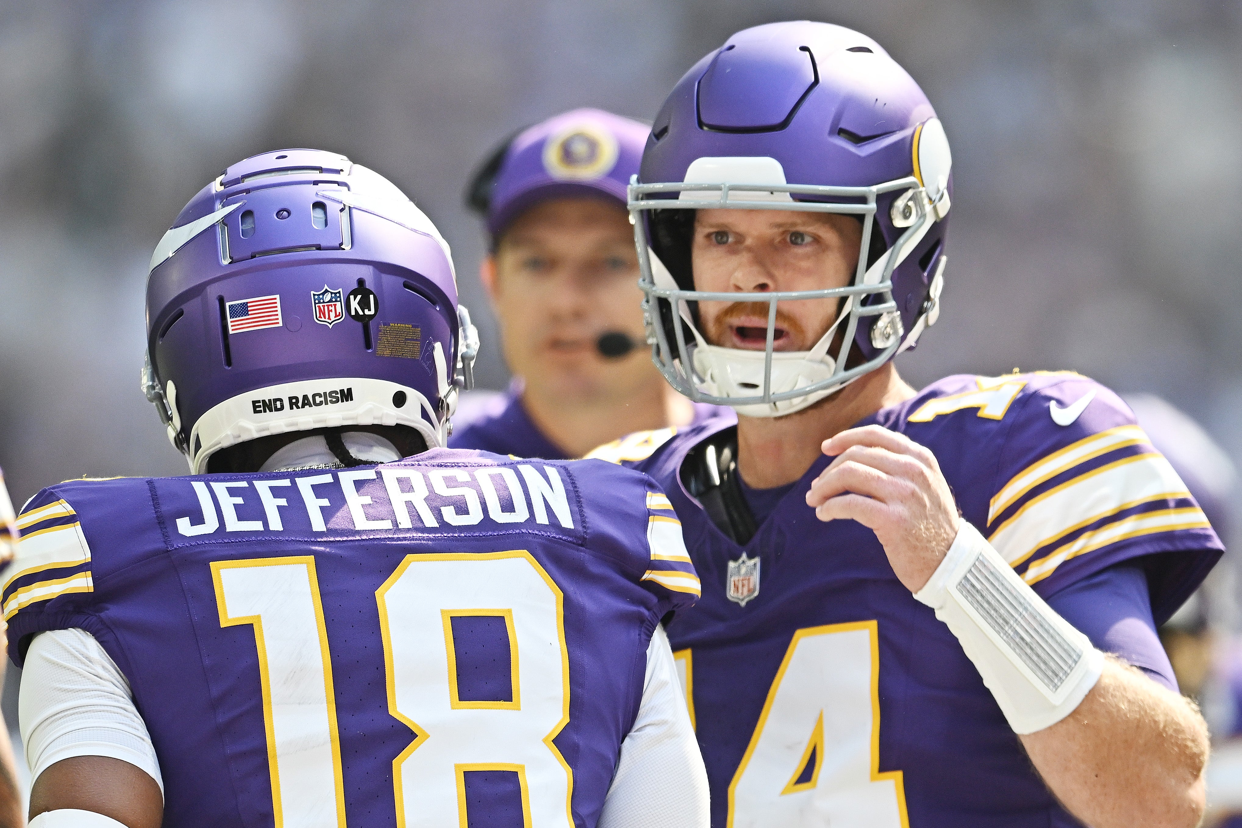 Quarterback Sam Darnold and Justin Jefferson of the Minnesota Vikings celebrate against the Houston Texans