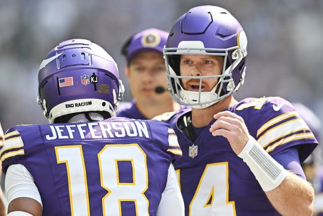 <p>Quarterback Sam Darnold and Justin Jefferson of the Minnesota Vikings celebrate against the Houston Texans</p>