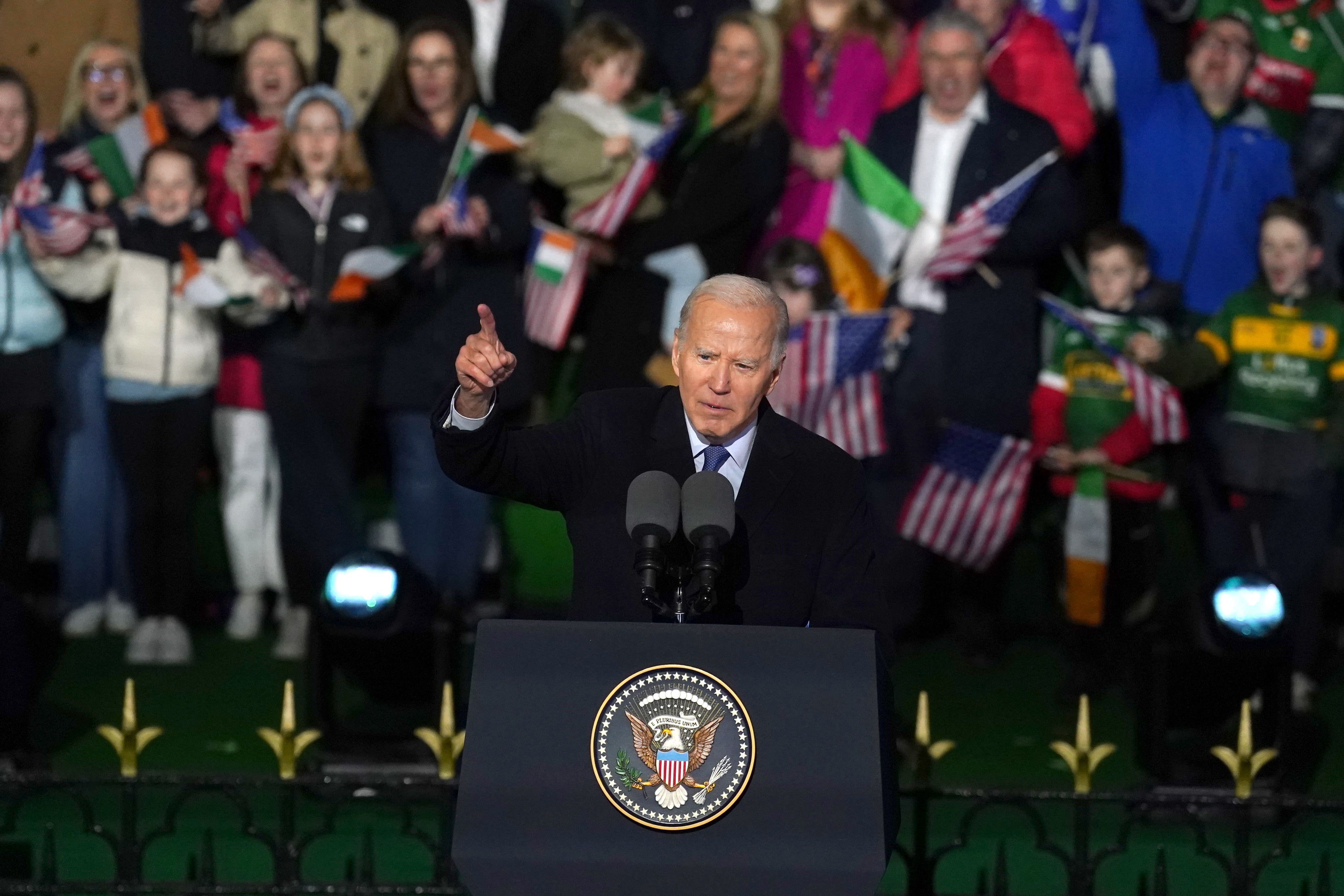 US President Joe Biden delivers a speech at St Muredach’s Cathedral in Ballina, on the last day of his visit to the island of Ireland in 2023 (Brian Lawless/PA)