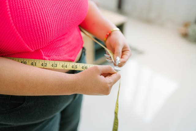 <p>A woman measures her stomach. US obesity rates have fallen in the last few years, new data shows, possibly the result of new weight loss drugs hitting the market </p>